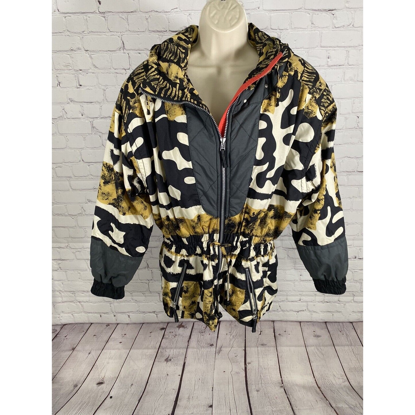 VTG Obermeyer Untamed Black White Yellow Full Zip Hooded Cinched Coat Jacket 12