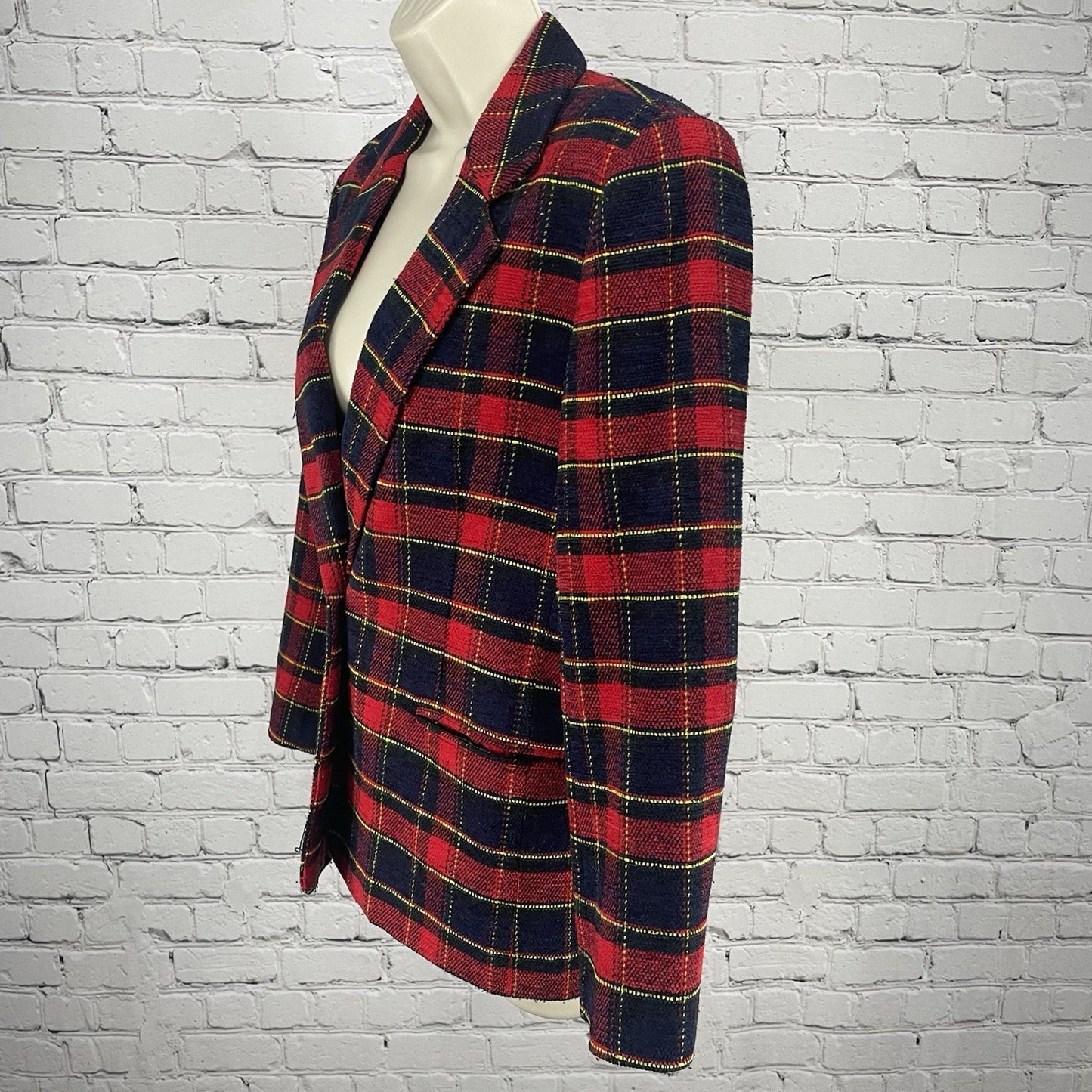 VTG Joan Leslie Red Plaid 1 Button Notch Blazer Easy Care Pockets Lined Size 6P