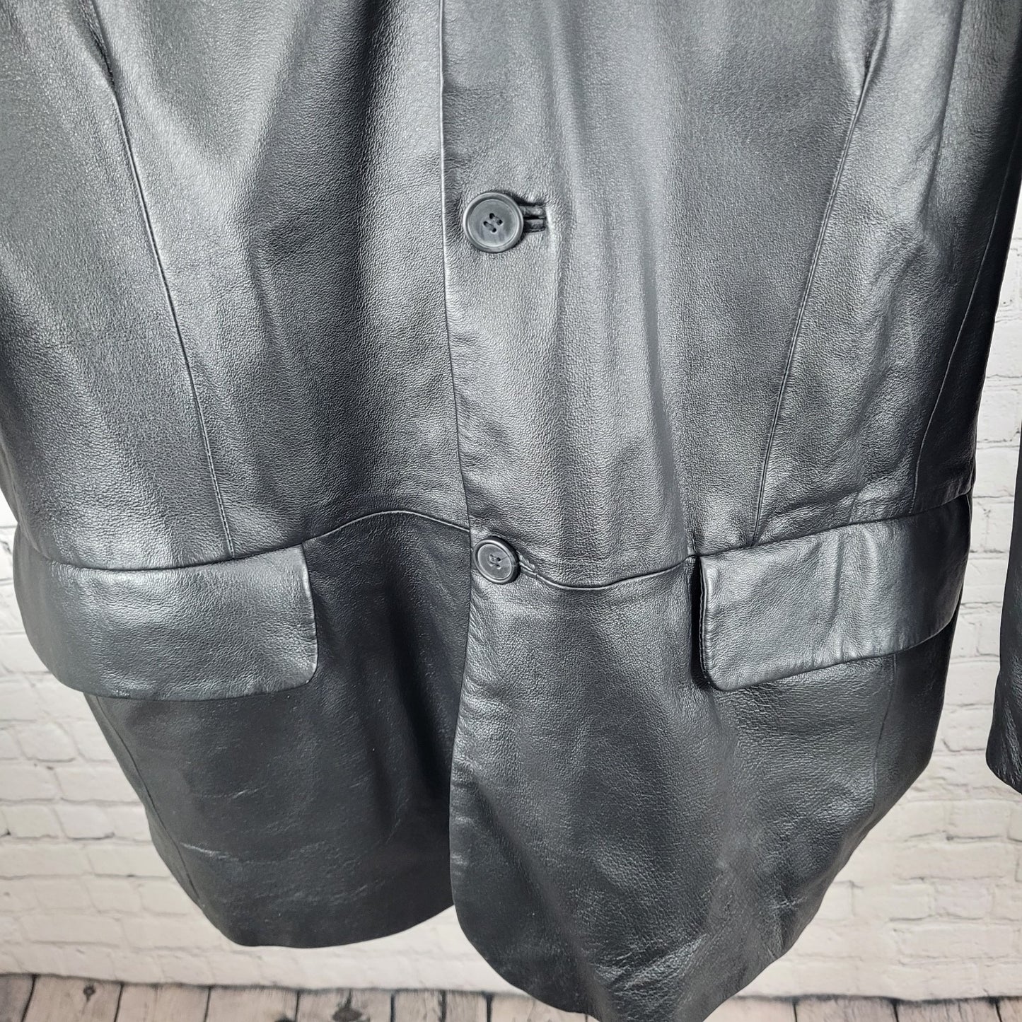 Excelled Black Genuine Leather Buttoned Notch Blazer Jacket Size 2XLT