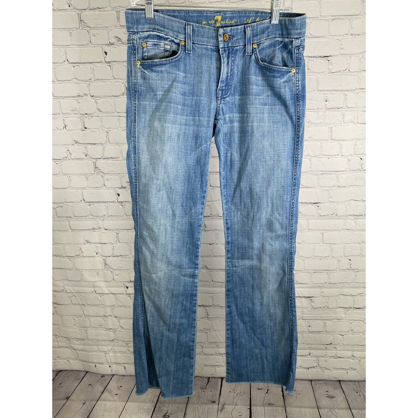 7 For All Mankind Light Wash Denim "A" Pocket Flared Raw Hem Jeans 28 (30x31.5)