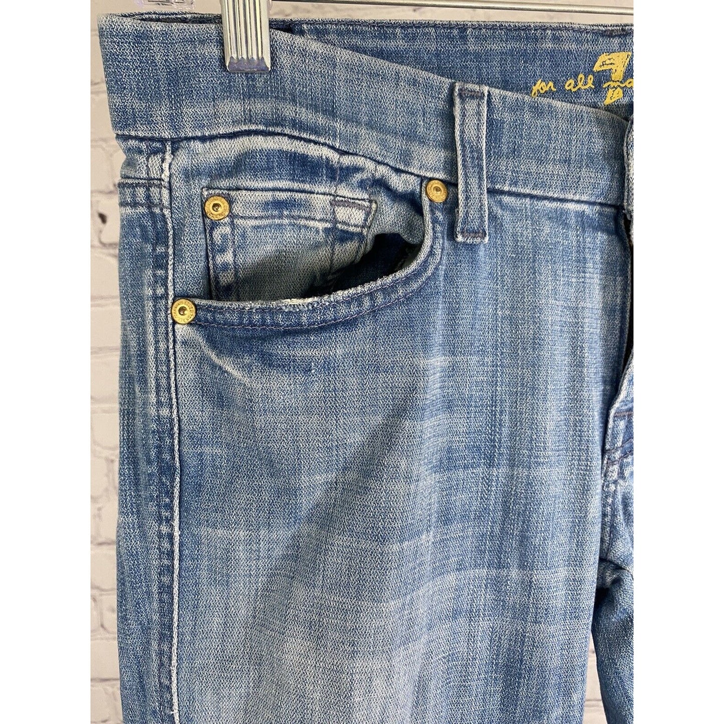 7 For All Mankind Light Wash Denim "A" Pocket Flared Raw Hem Jeans 28 (30x31.5)