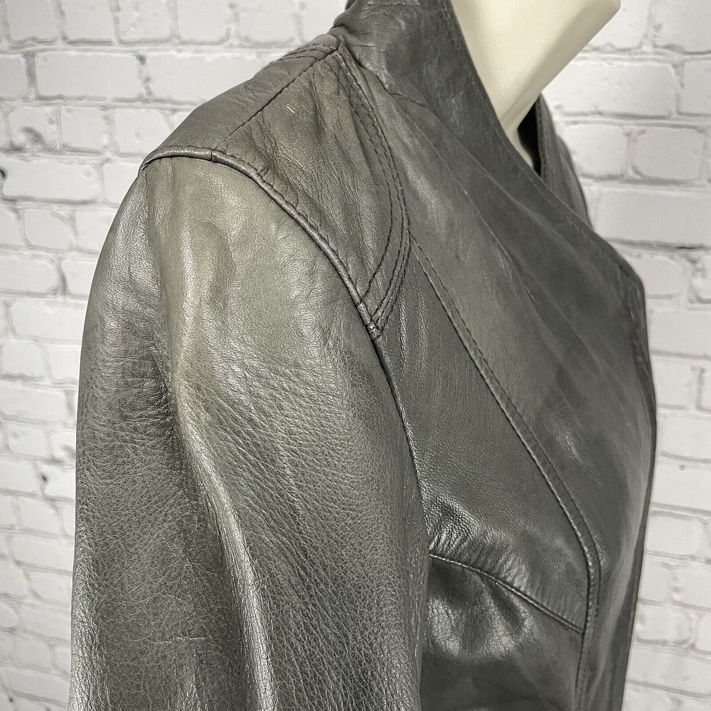 Whet Blu Dark Grey Soft Leather Biker Moto Jacket Zipped Pockets Lined Size XS