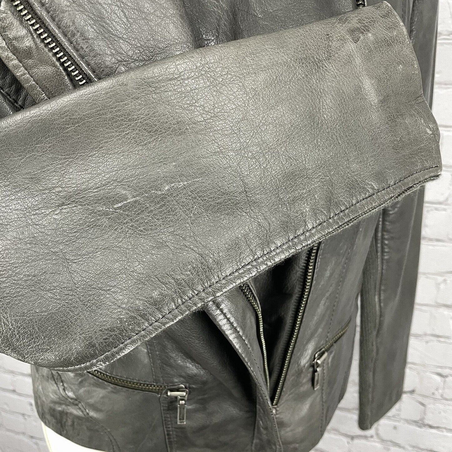 Whet Blu Dark Grey Soft Leather Biker Moto Jacket Zipped Pockets Lined Size XS