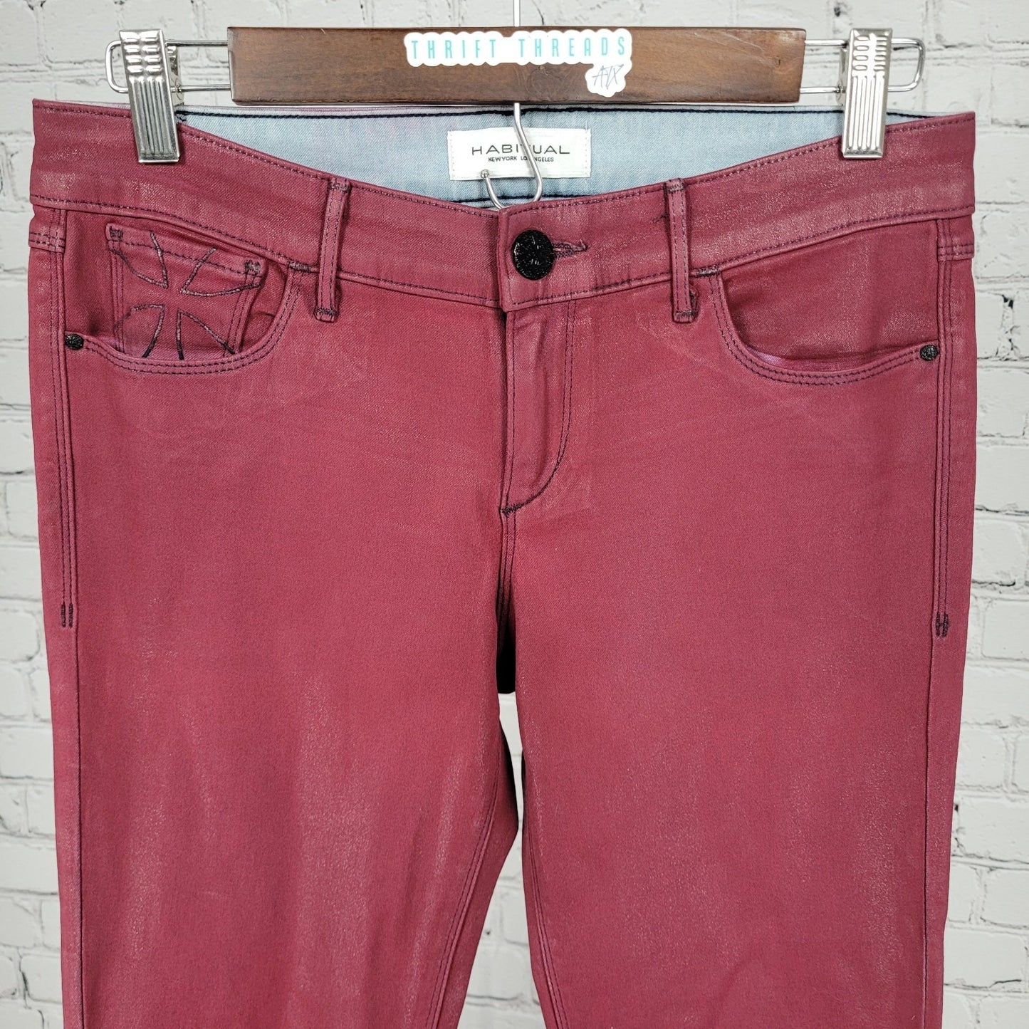 Habitual Red Sangria Alice Waxed Low Rise Skinny Slim Jeans Pants 27 (27x32)
