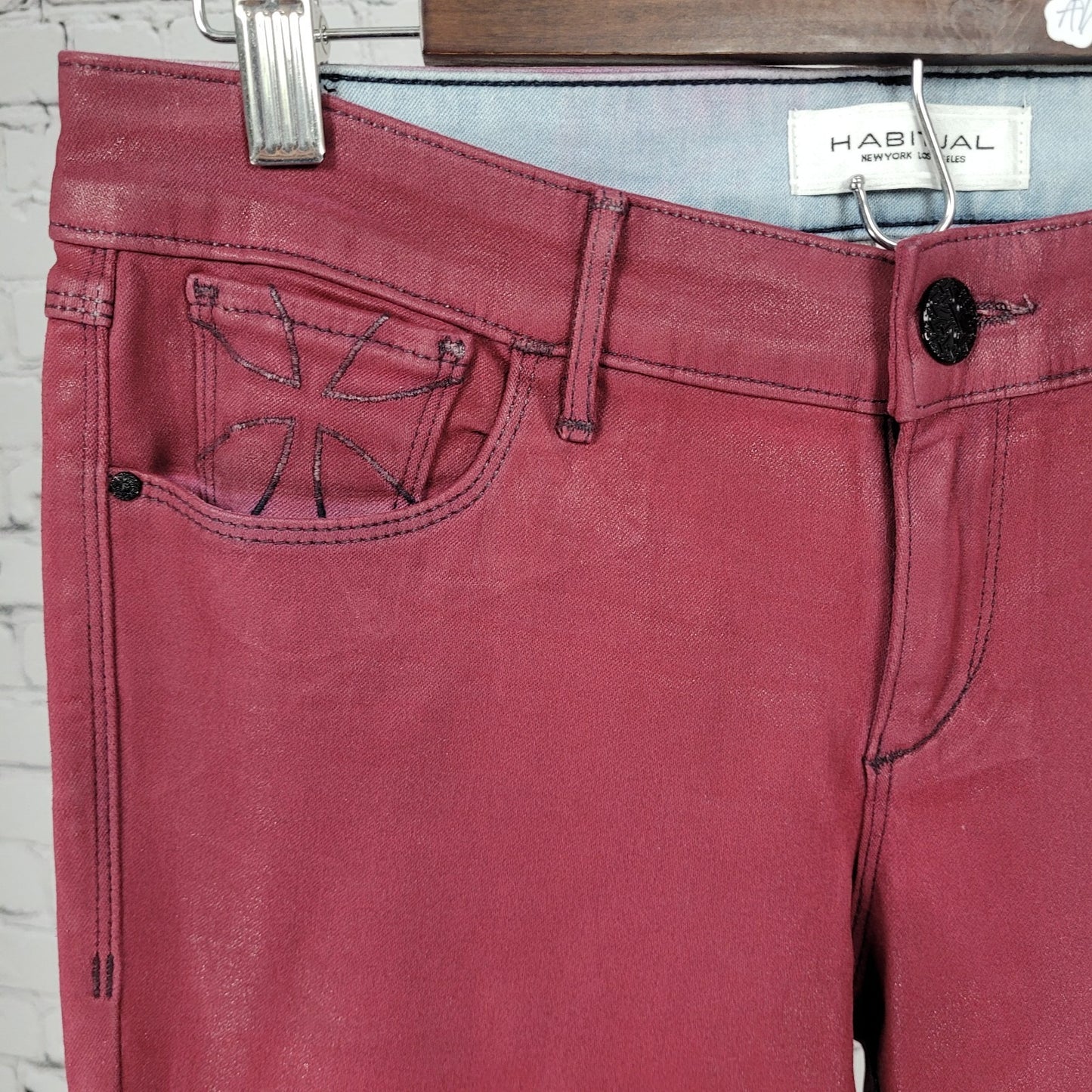 Habitual Red Sangria Alice Waxed Low Rise Skinny Slim Jeans Pants 27 (27x32)