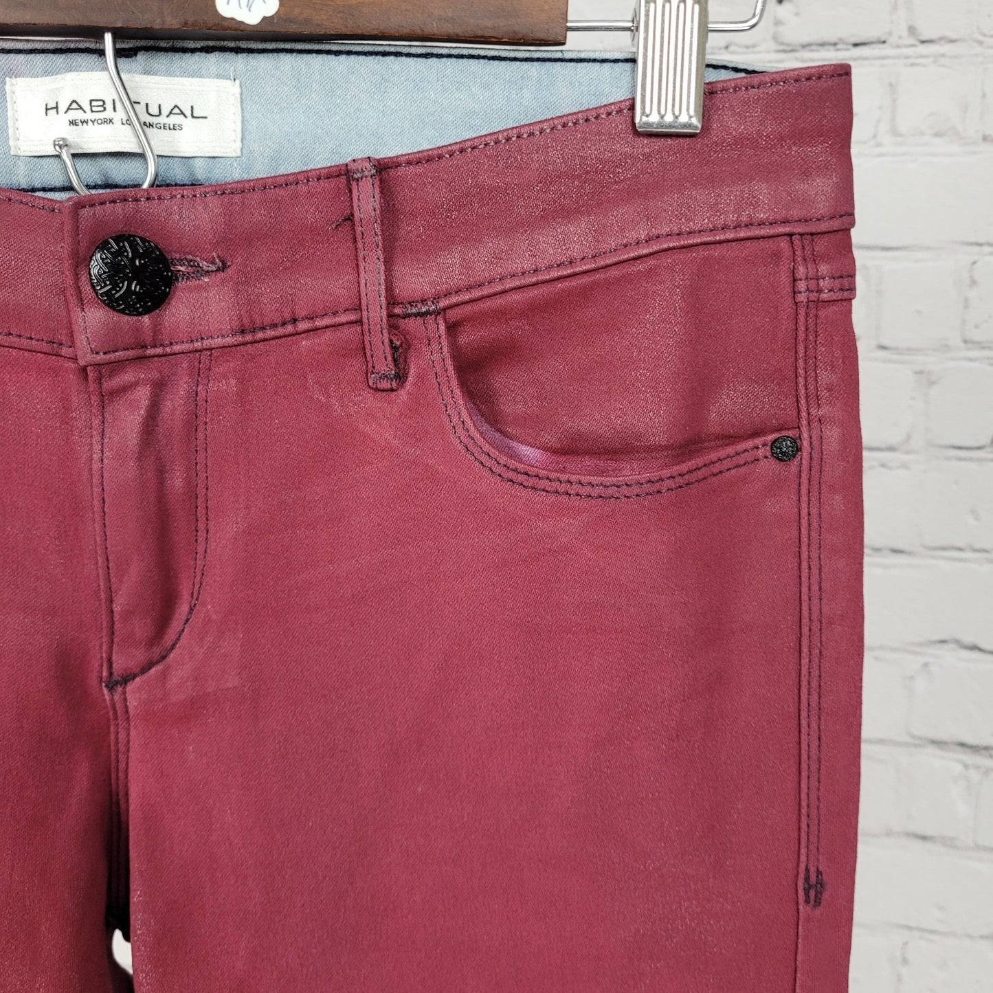 Habitual Red Sangria Alice Waxed Low Rise Skinny Slim Jeans Pants 27 (27x32)