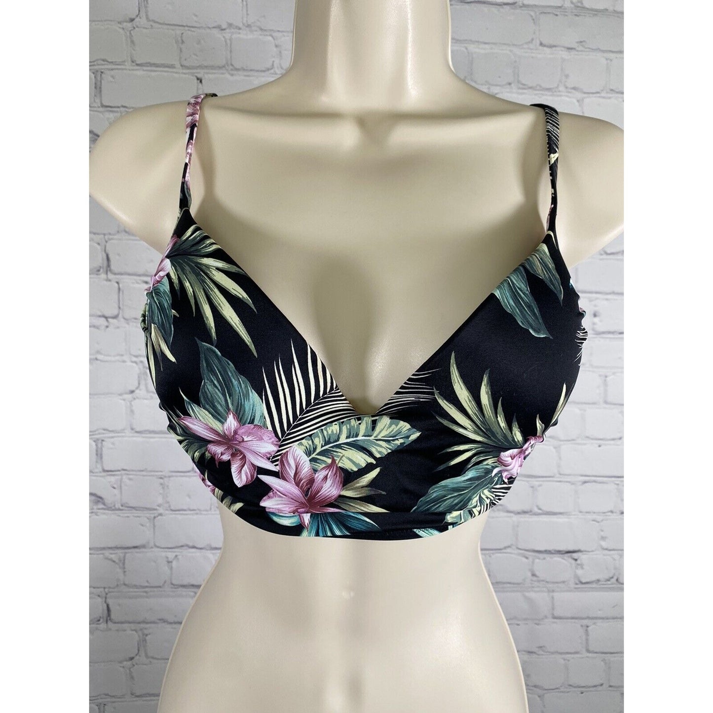 Shade Shore Black Floral Leafy Underwire Bikini Top Adjustable Straps 34C