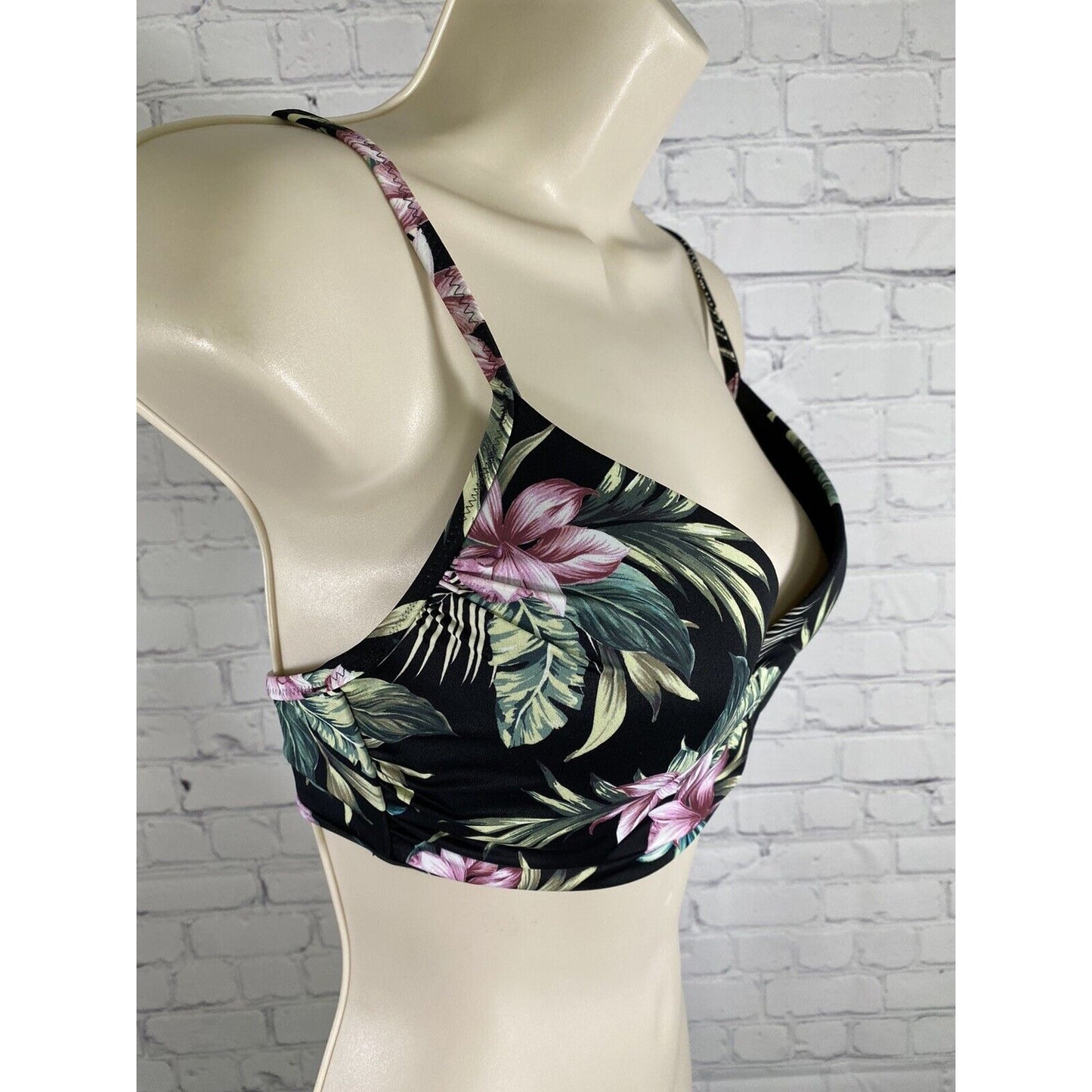 Shade Shore Black Floral Leafy Underwire Bikini Top Adjustable Straps 34C