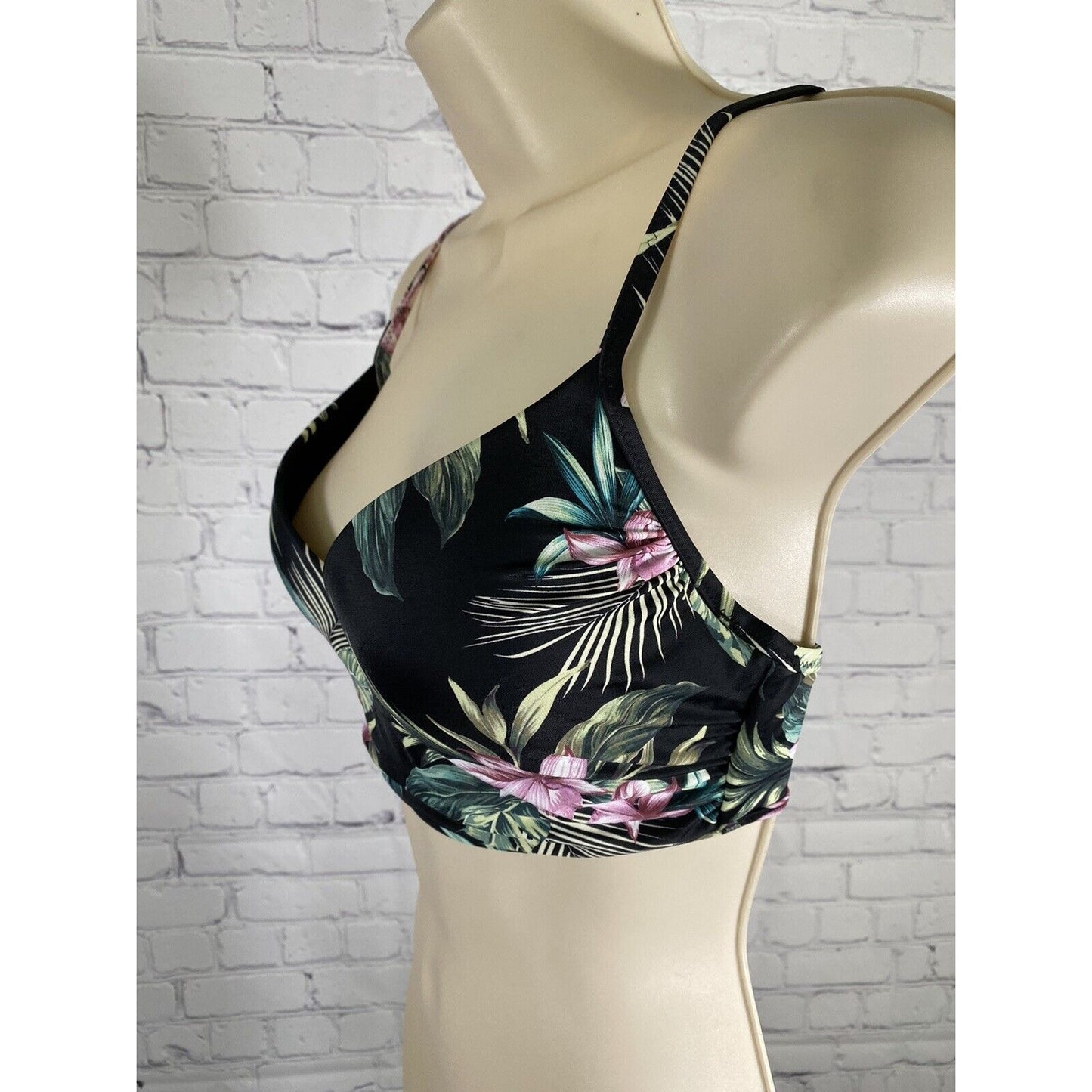 Shade Shore Black Floral Leafy Underwire Bikini Top Adjustable Straps 34C