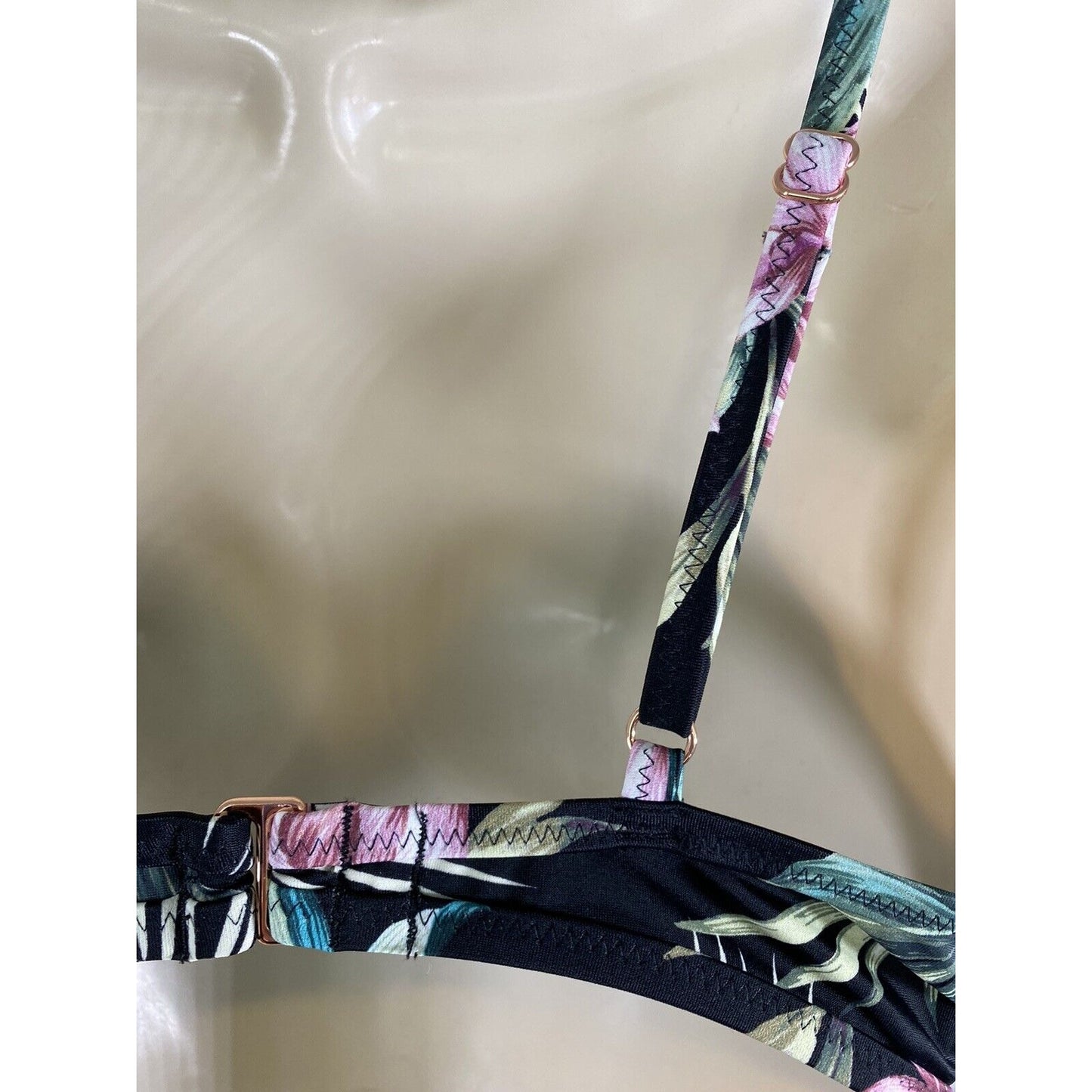 Shade Shore Black Floral Leafy Underwire Bikini Top Adjustable Straps 34C