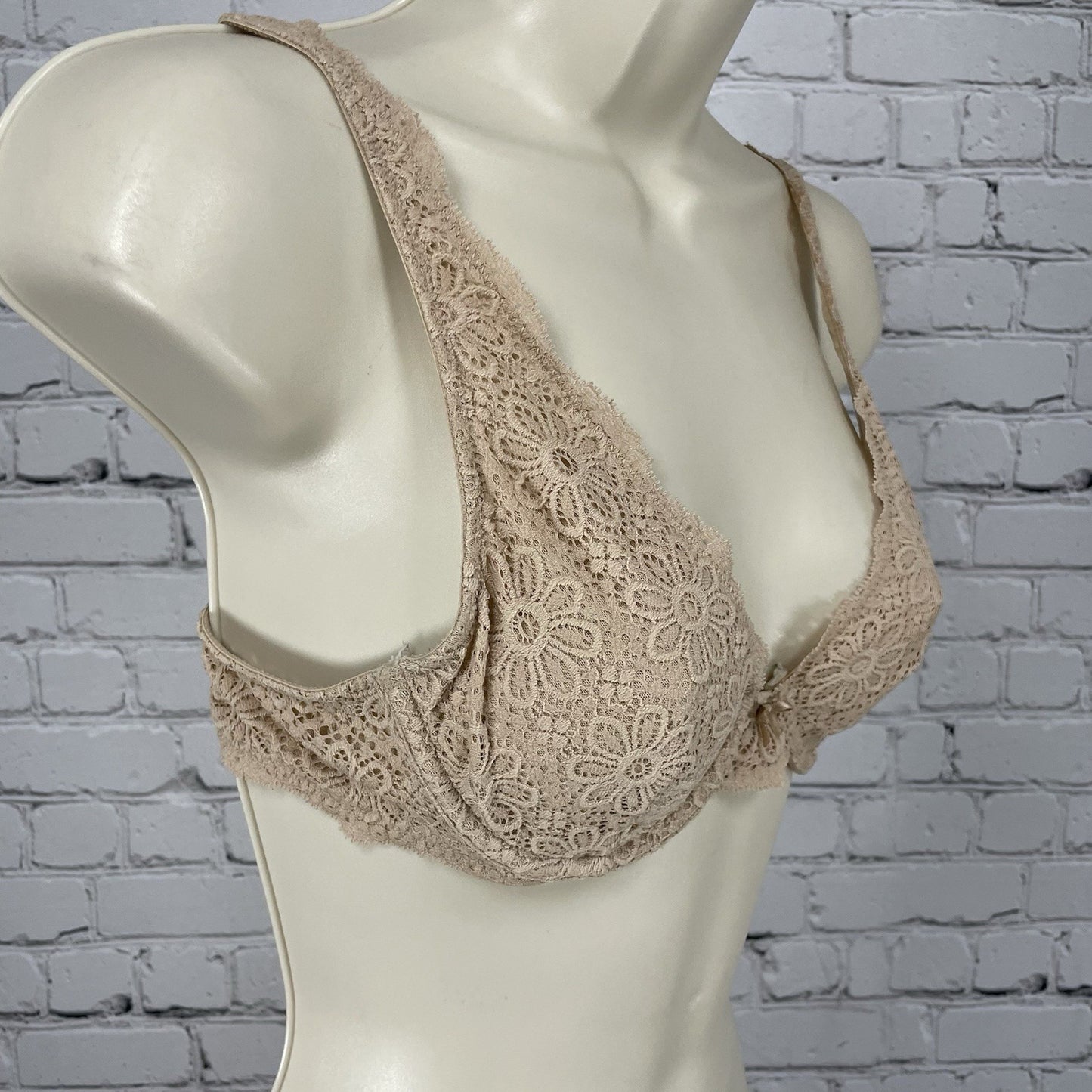 Aerie Beige Floral Lace Mesh Unlined Plunge Underwire Adjustable Bra Size 34A