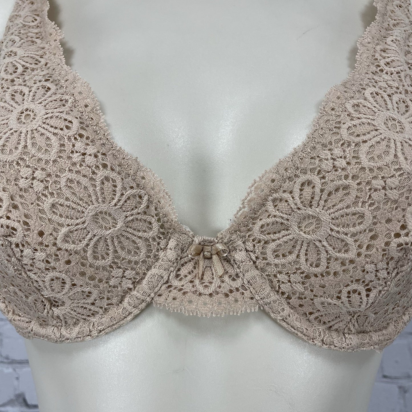 Aerie Beige Floral Lace Mesh Unlined Plunge Underwire Adjustable Bra Size 34A