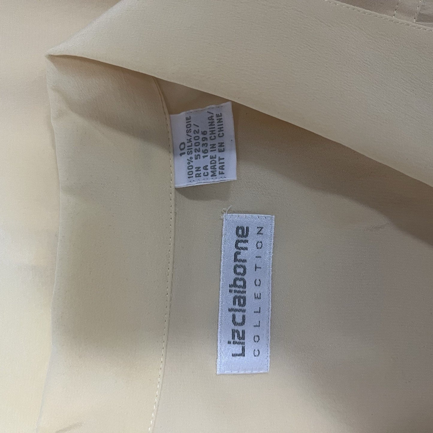 Liz Claiborne Collection Yellow 100% Silk Blouse Shoulder Tab Pocket Collared 10