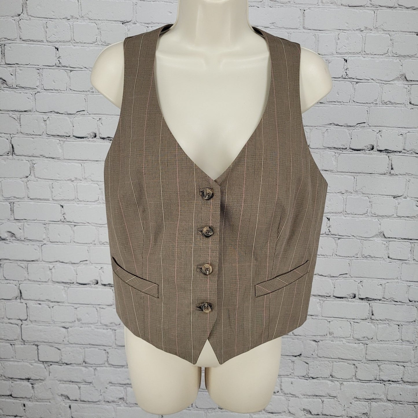 Tommy Hilfiger Brown Pink Pinstriped Check Waistcoat Suit Vest Size Large L