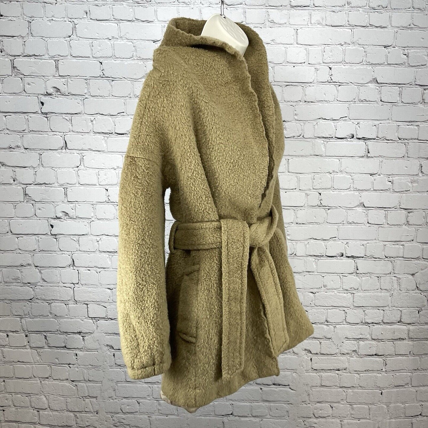 Hanii Y Tan Baby Alpaca Wool Hooded Belted Wrap Coat Pockets Size 42 Large L