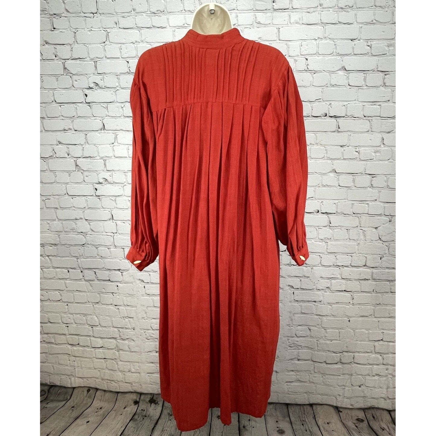 Opus 2 Orange Red Cotton Pleated Flowy Maxi Dress Handmade Pockets Button O/S
