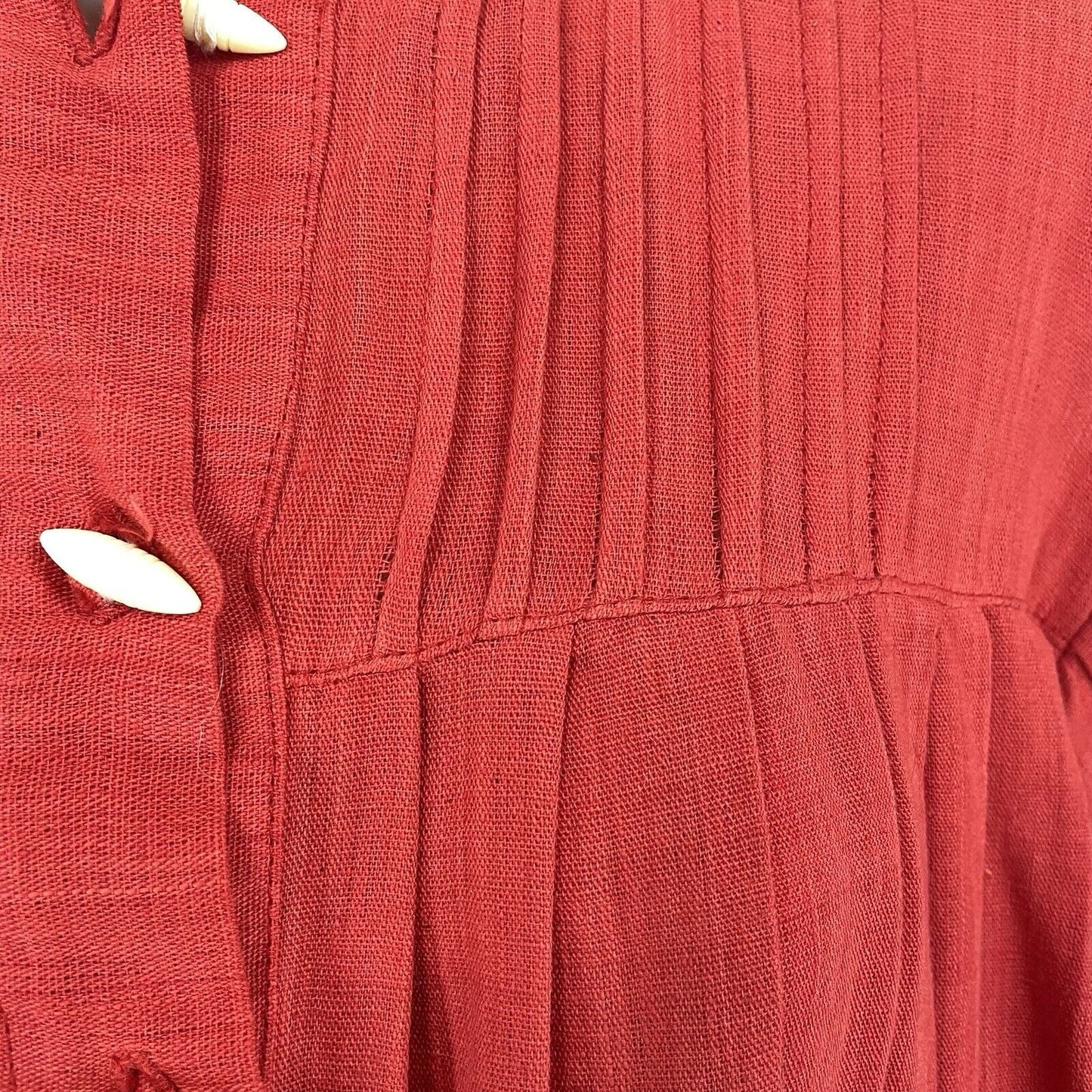 Opus 2 Orange Red Cotton Pleated Flowy Maxi Dress Handmade Pockets Button O/S
