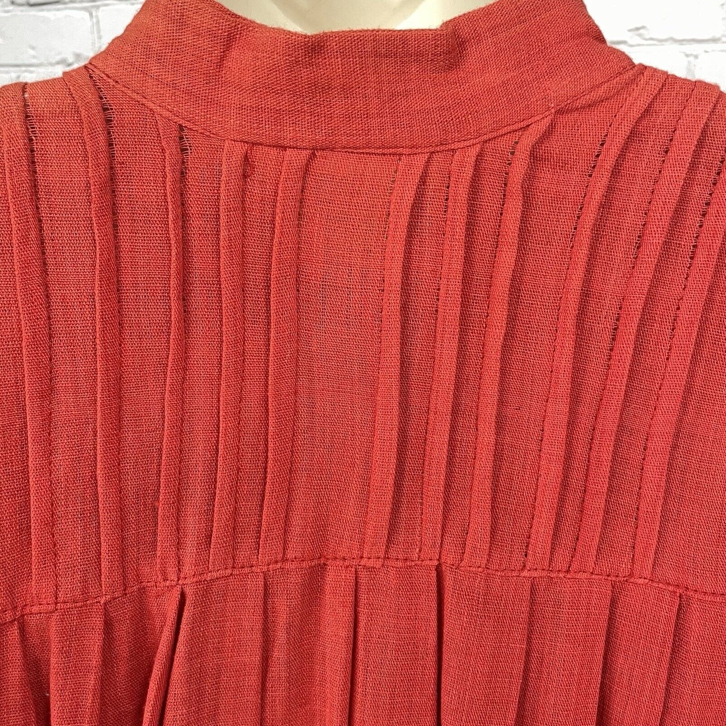Opus 2 Orange Red Cotton Pleated Flowy Maxi Dress Handmade Pockets Button O/S