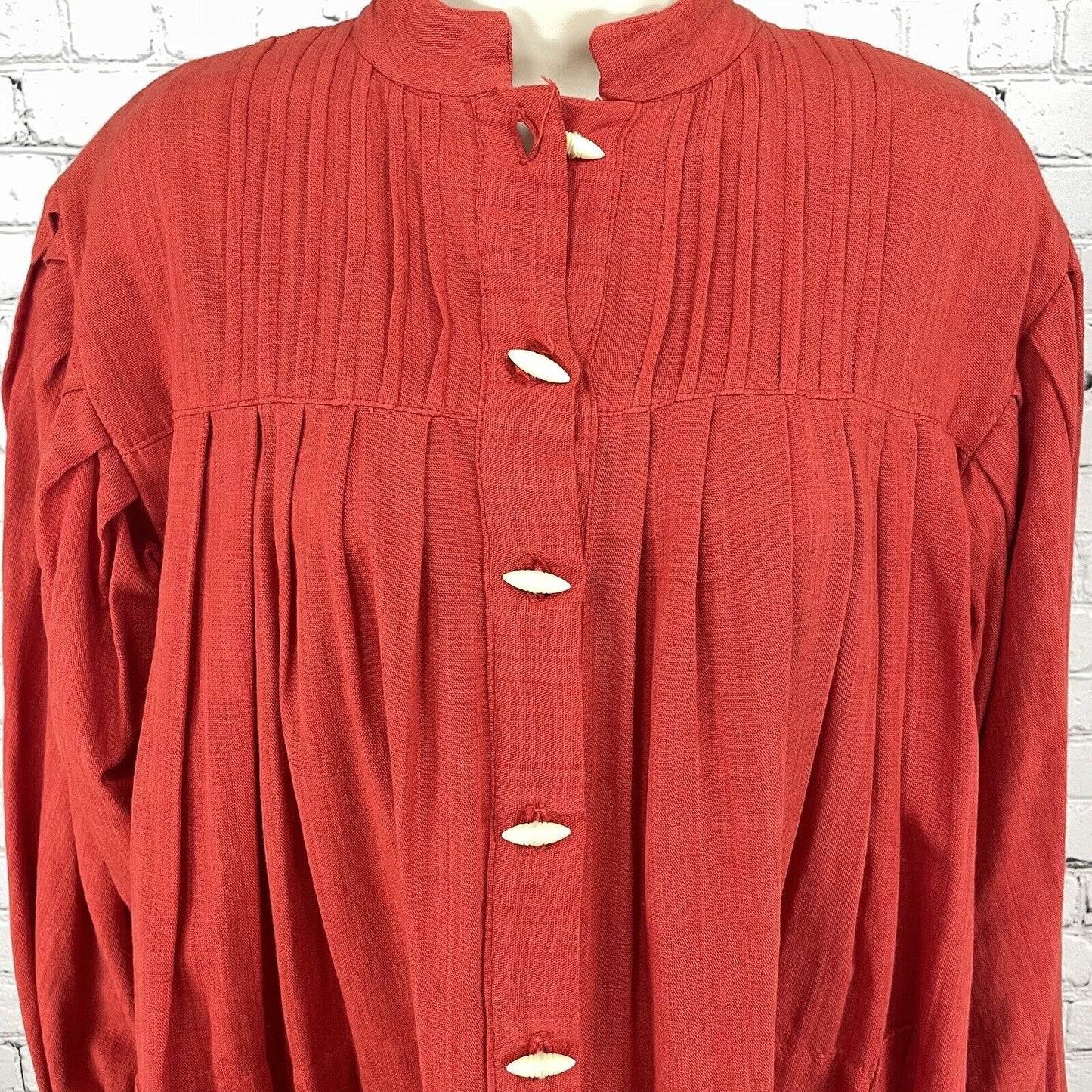Opus 2 Orange Red Cotton Pleated Flowy Maxi Dress Handmade Pockets Button O/S
