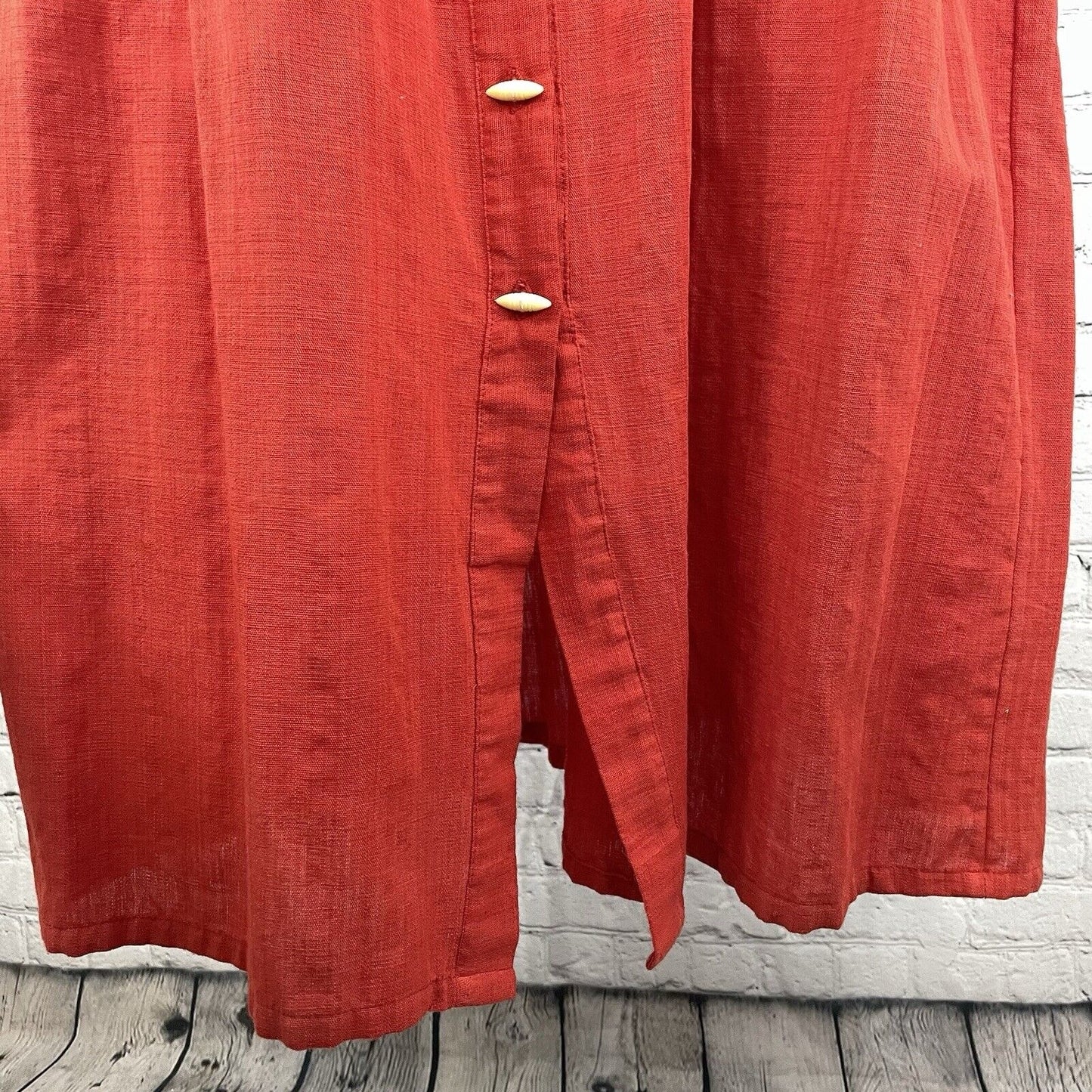 Opus 2 Orange Red Cotton Pleated Flowy Maxi Dress Handmade Pockets Button O/S