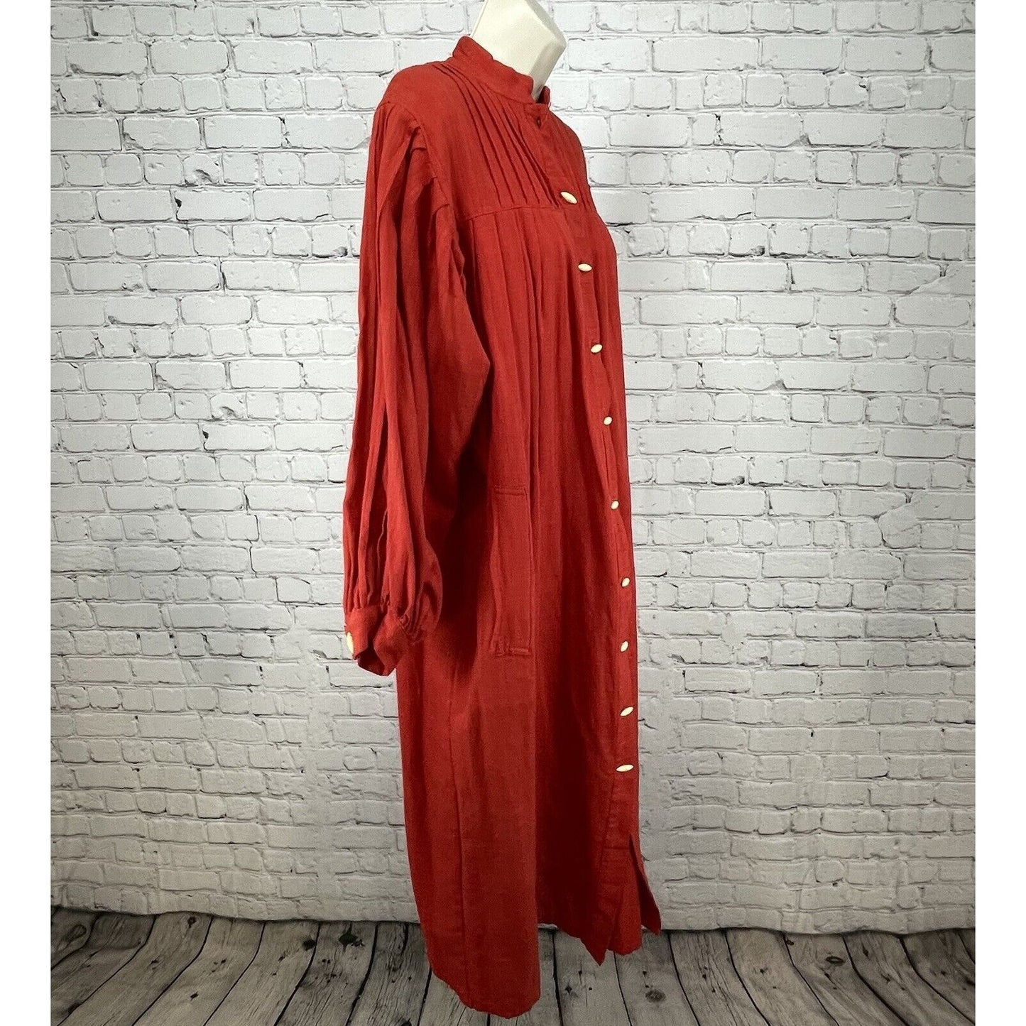 Opus 2 Orange Red Cotton Pleated Flowy Maxi Dress Handmade Pockets Button O/S