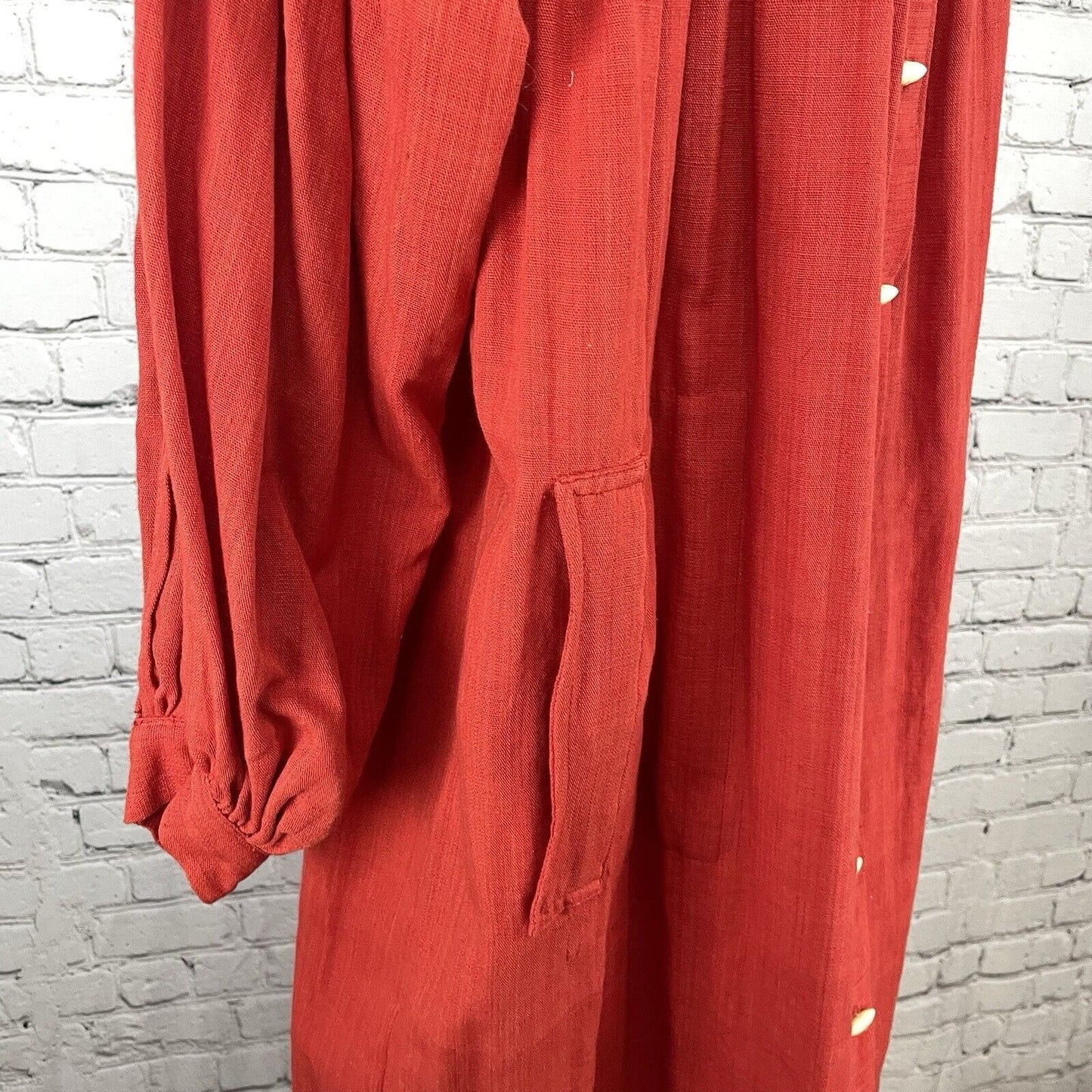 Opus 2 Orange Red Cotton Pleated Flowy Maxi Dress Handmade Pockets Button O/S
