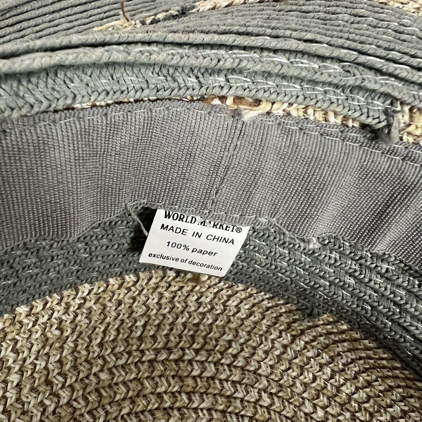 World Market Green Tan 100% Paper Wide Brim Striped Floppy Beach Sun Hat O/S