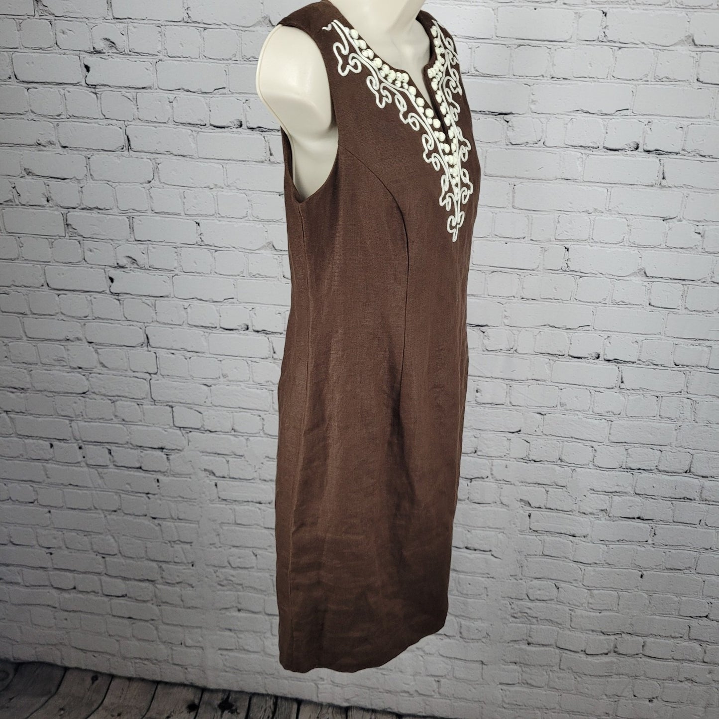 Talbots Brown 100% Linen Rhinestone Sleeveless Cotton Lined Sheath Dress 6P