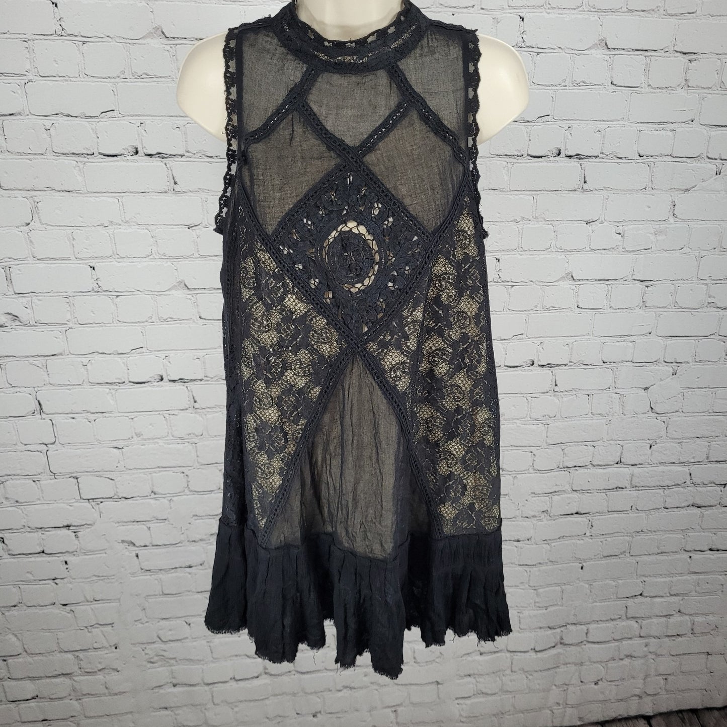 Free People Black Crochet Lace Overlay High Neck Mini Dress Size Small S