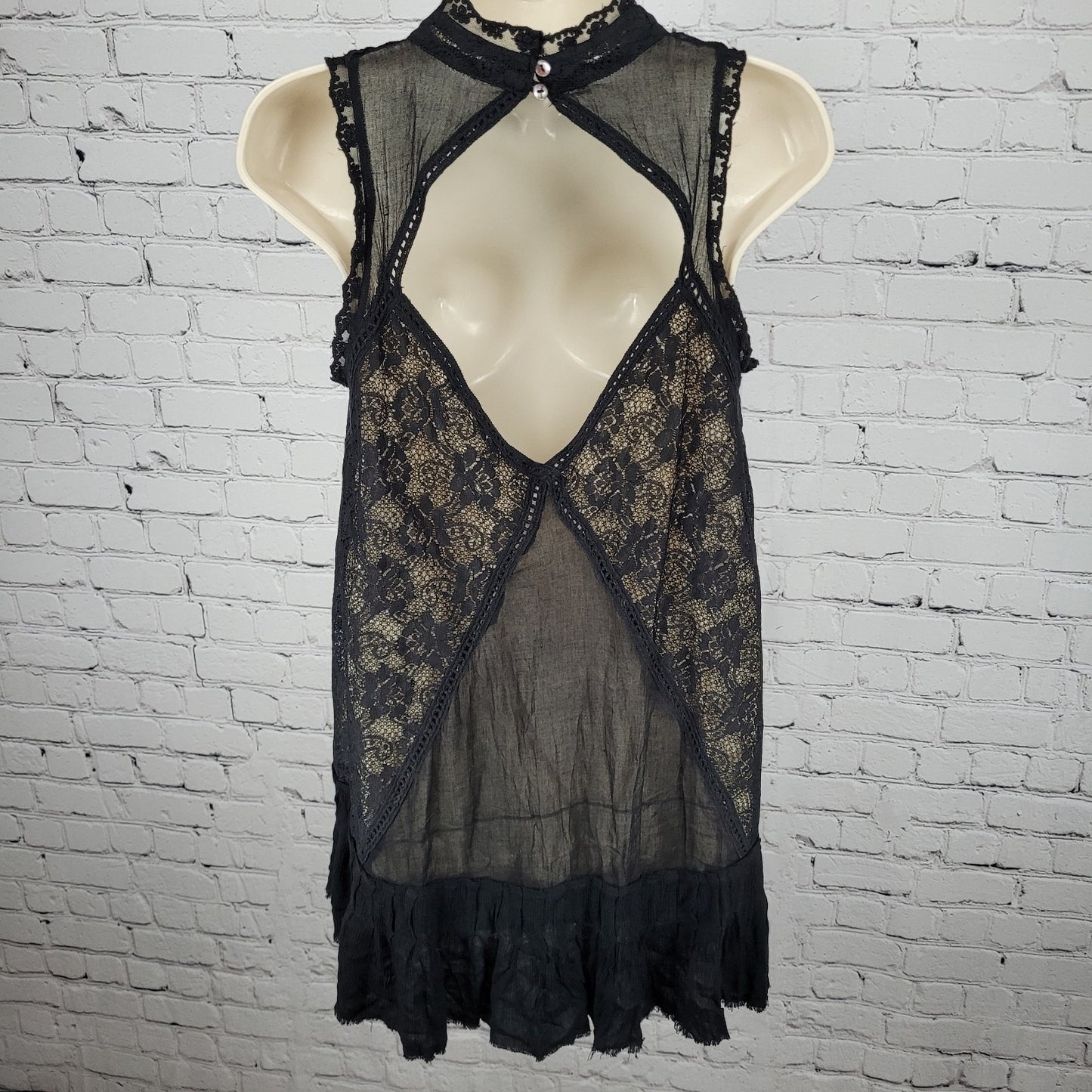 Free People Black Crochet Lace Overlay High Neck Mini Dress Size Small S