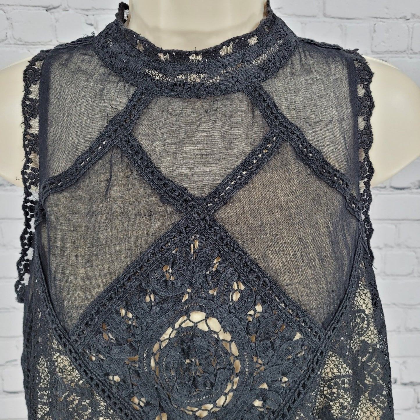 Free People Black Crochet Lace Overlay High Neck Mini Dress Size Small S