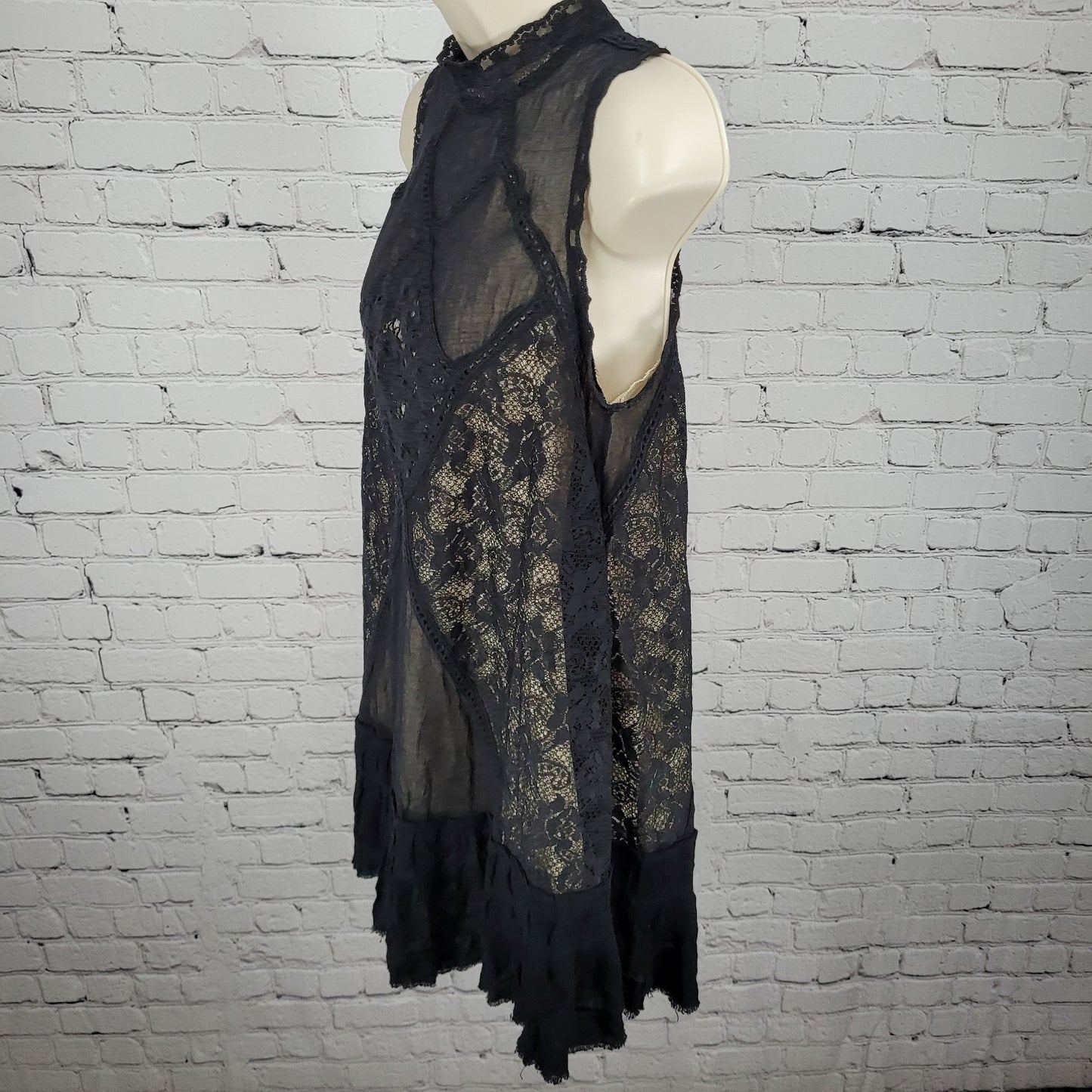 Free People Black Crochet Lace Overlay High Neck Mini Dress Size Small S