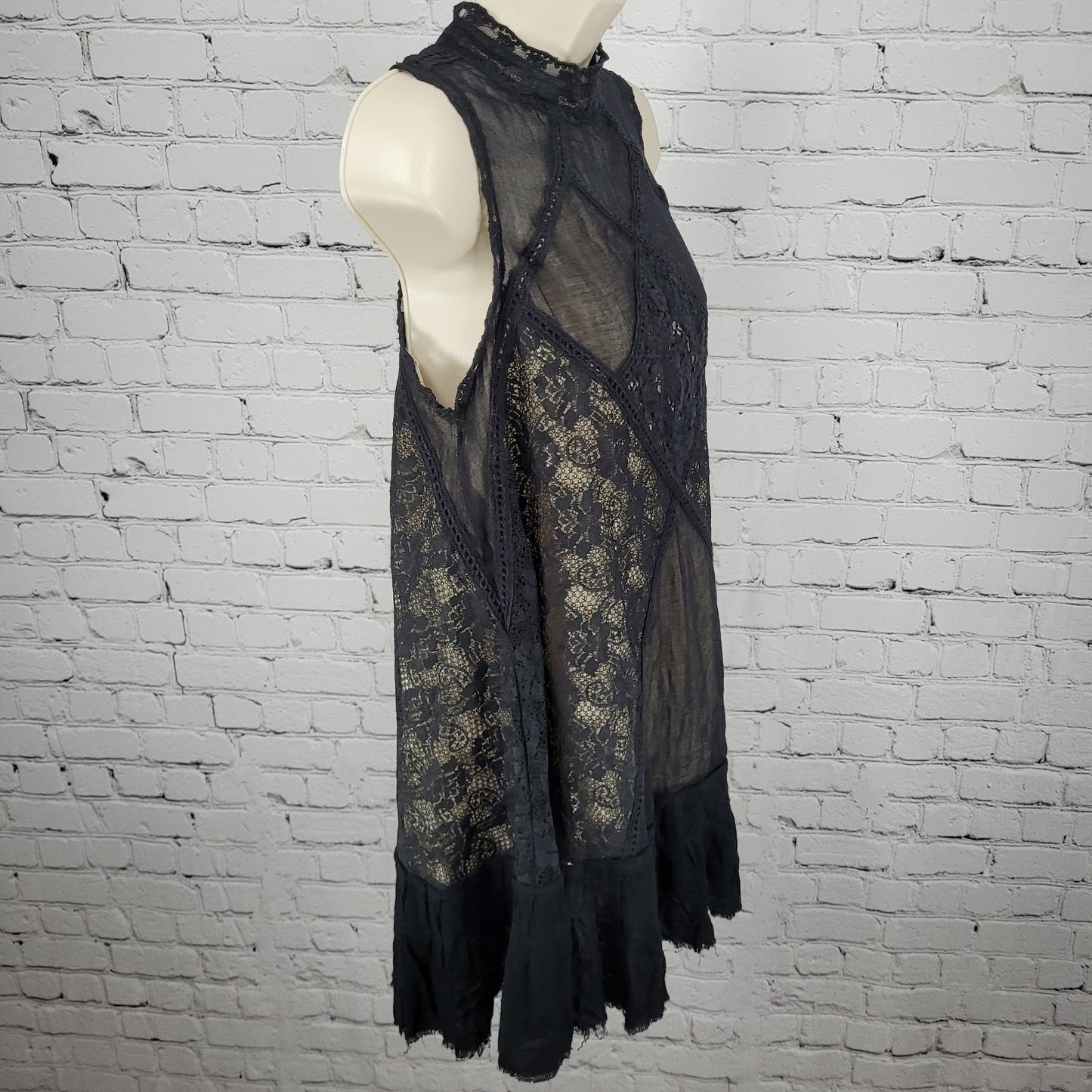Free People Black Crochet Lace Overlay High Neck Mini Dress Size Small S