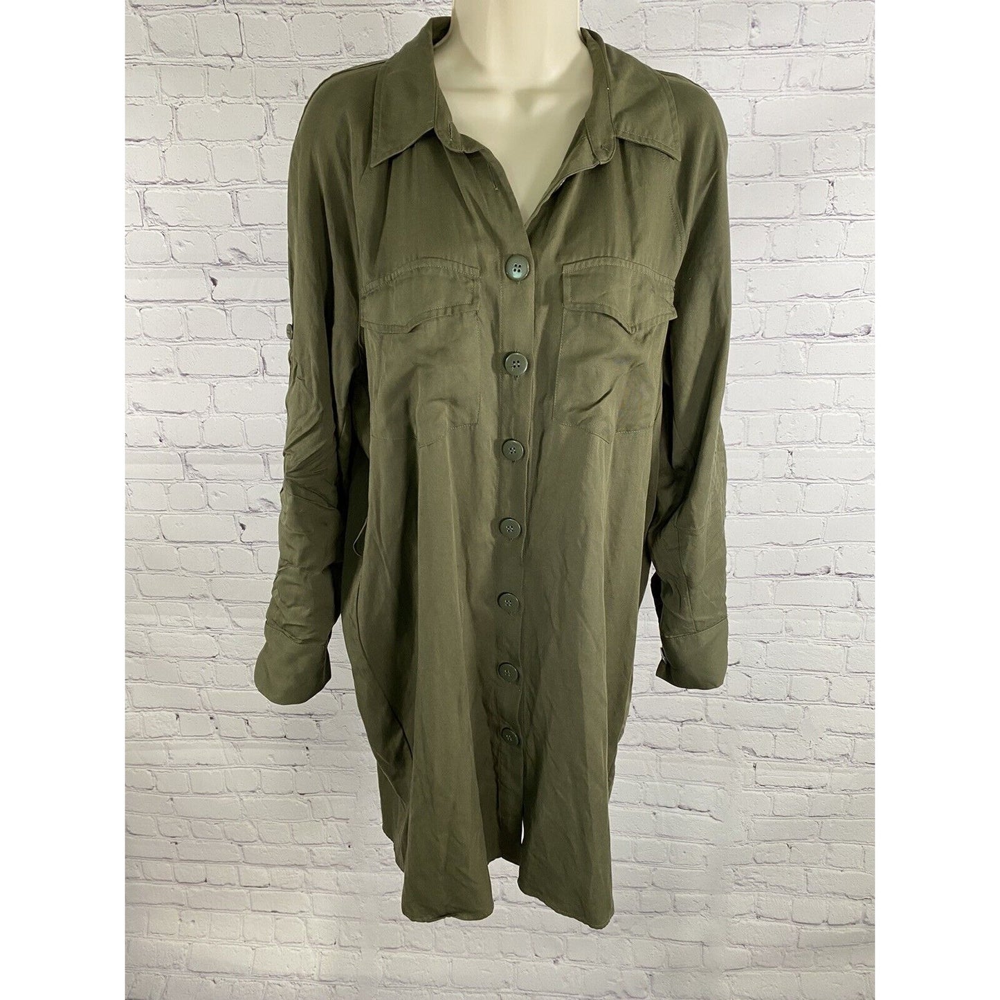 Topshop Army Green Collared Button Up Roll Tab Sleeve Dress w Belt Loops 6