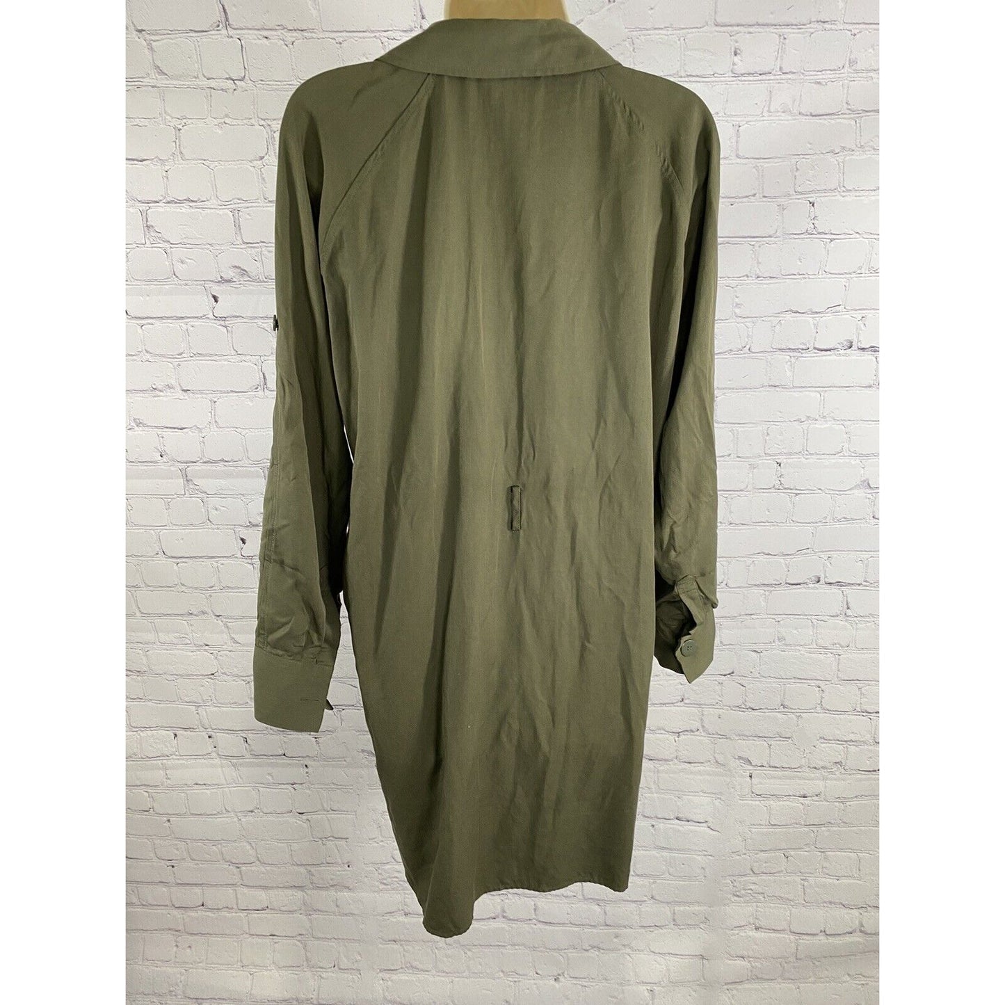 Topshop Army Green Collared Button Up Roll Tab Sleeve Dress w Belt Loops 6