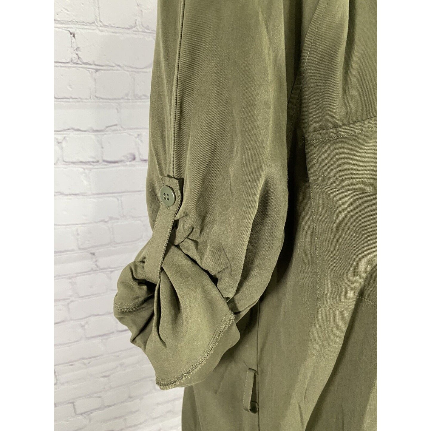 Topshop Army Green Collared Button Up Roll Tab Sleeve Dress w Belt Loops 6