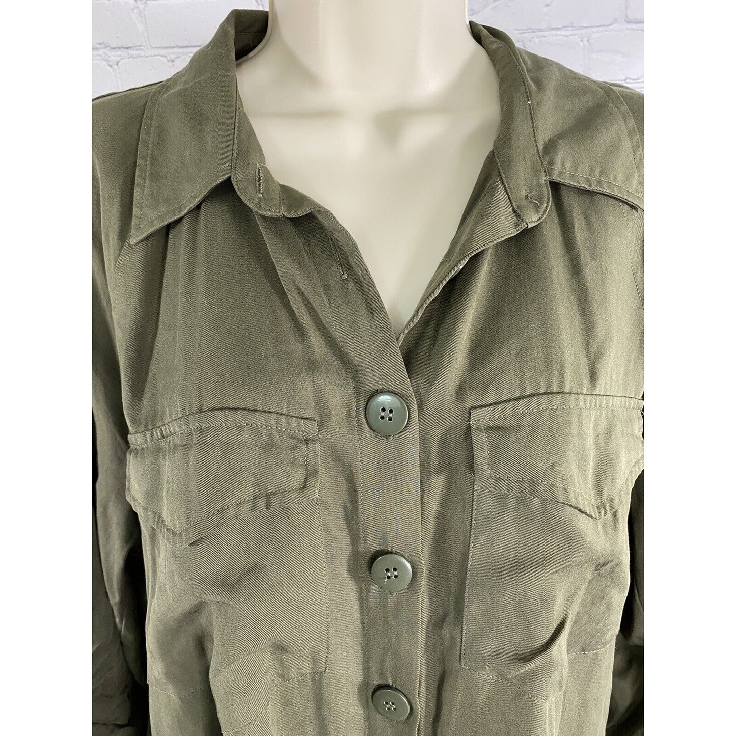 Topshop Army Green Collared Button Up Roll Tab Sleeve Dress w Belt Loops 6