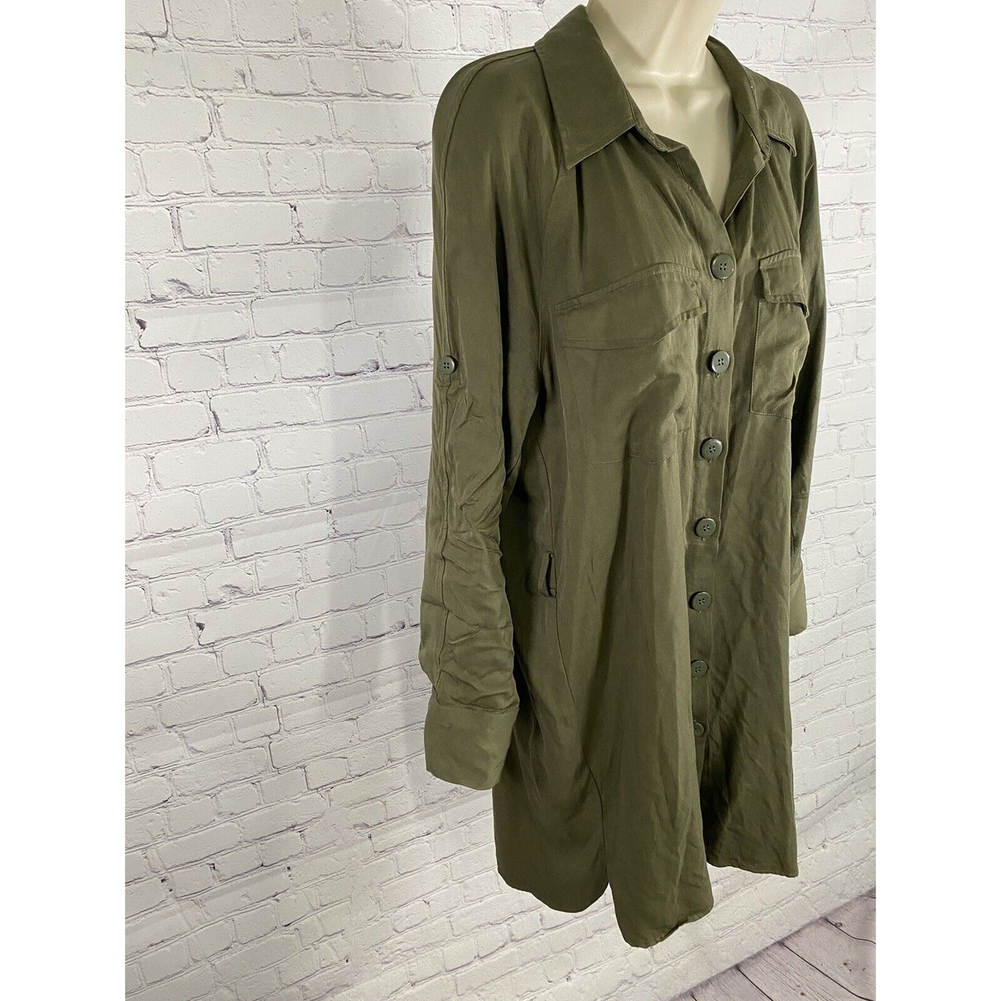 Topshop Army Green Collared Button Up Roll Tab Sleeve Dress w Belt Loops 6
