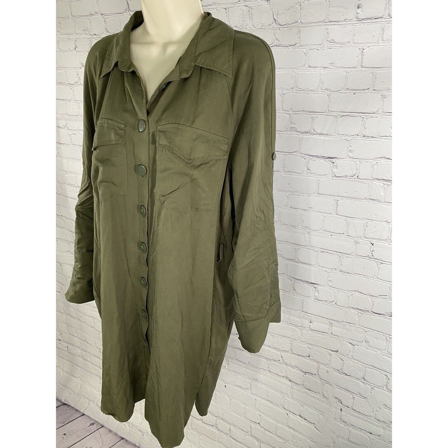Topshop Army Green Collared Button Up Roll Tab Sleeve Dress w Belt Loops 6