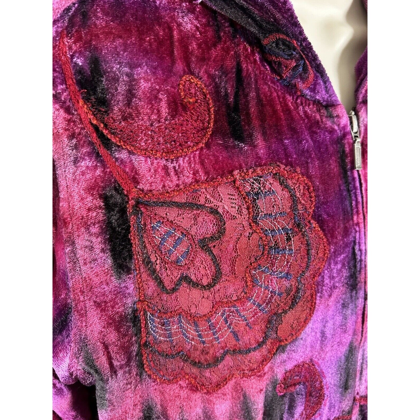 Chico’s Purple Red Embroidered Embellished Hippie Floral Full Zip Jacket Size M