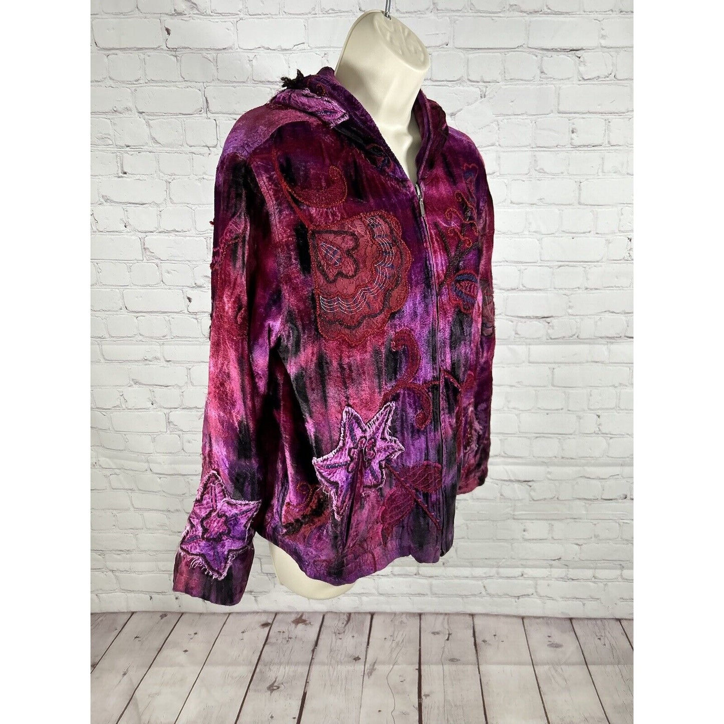 Chico’s Purple Red Embroidered Embellished Hippie Floral Full Zip Jacket Size M