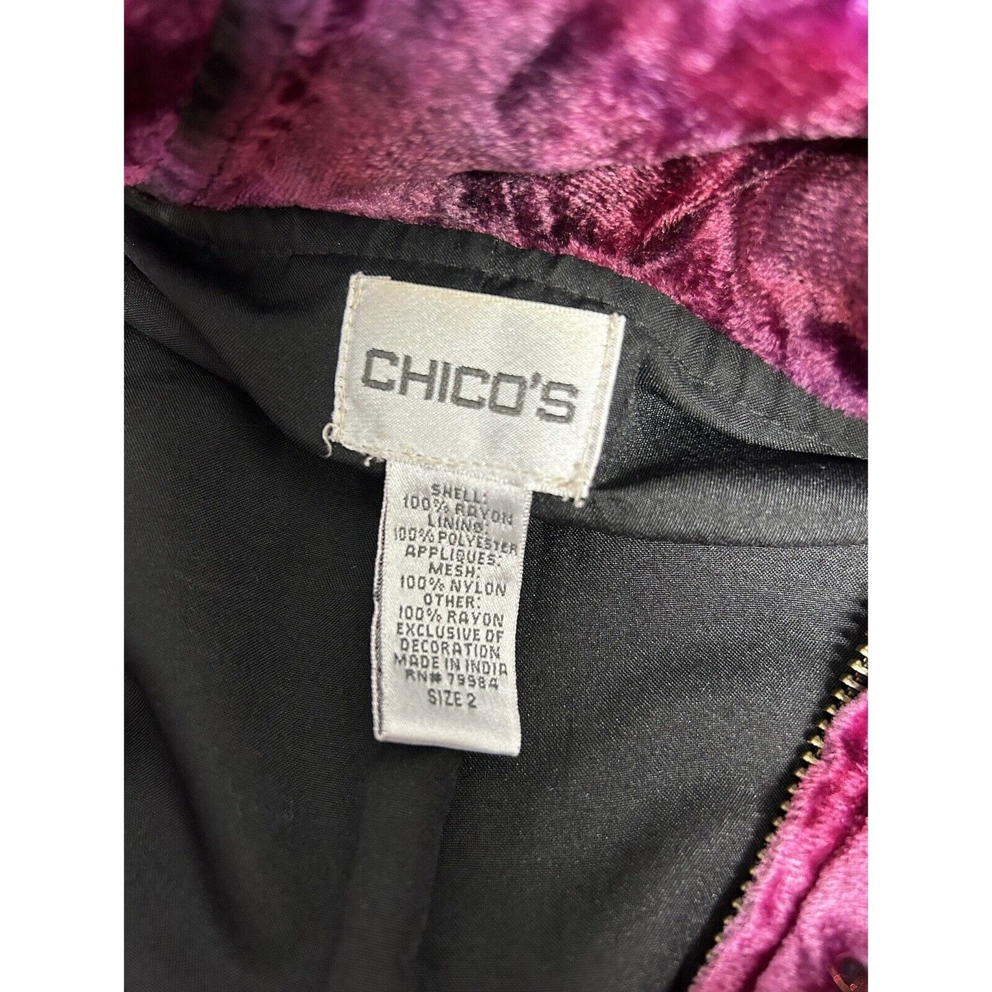 Chico’s Purple Red Embroidered Embellished Hippie Floral Full Zip Jacket Size M