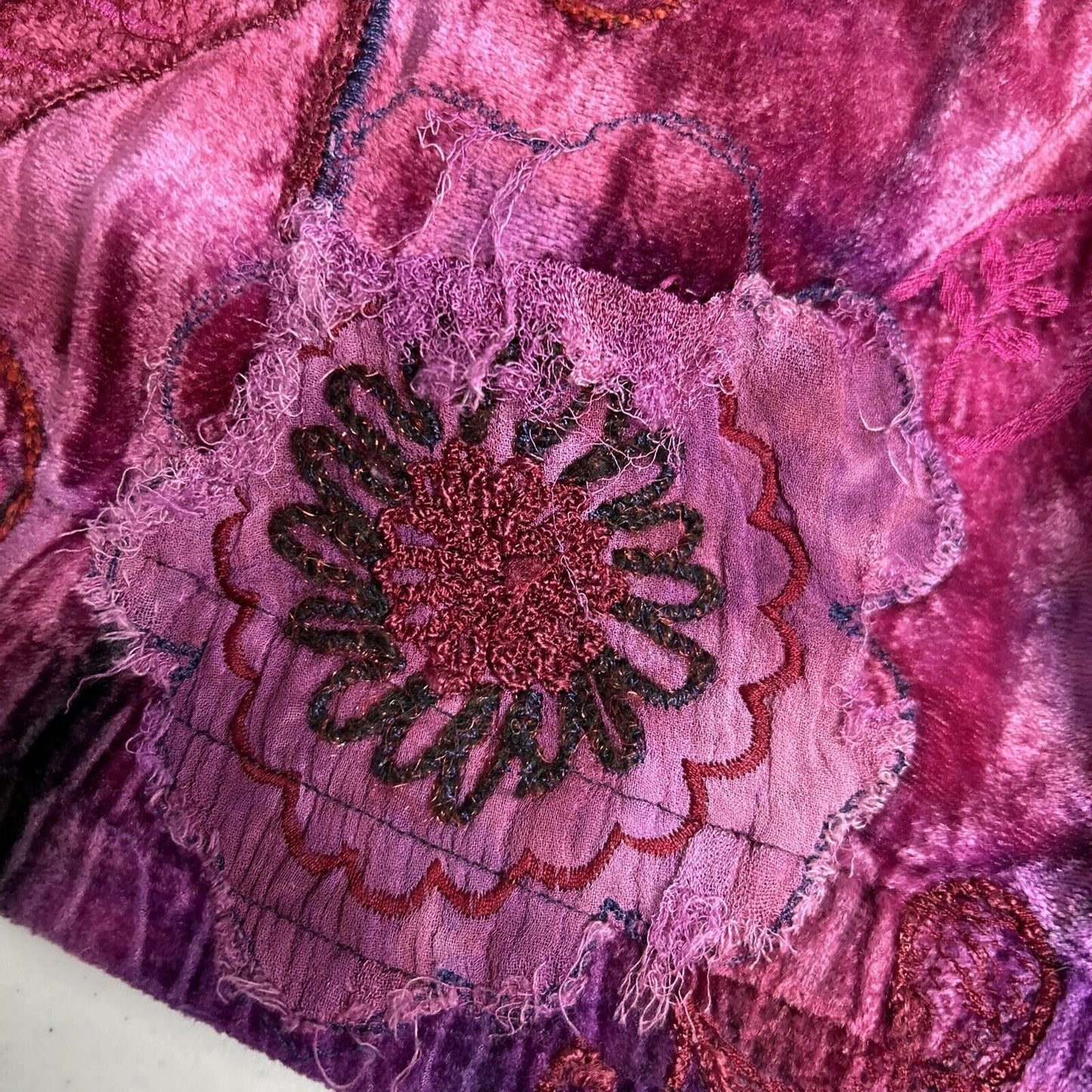 Chico’s Purple Red Embroidered Embellished Hippie Floral Full Zip Jacket Size M