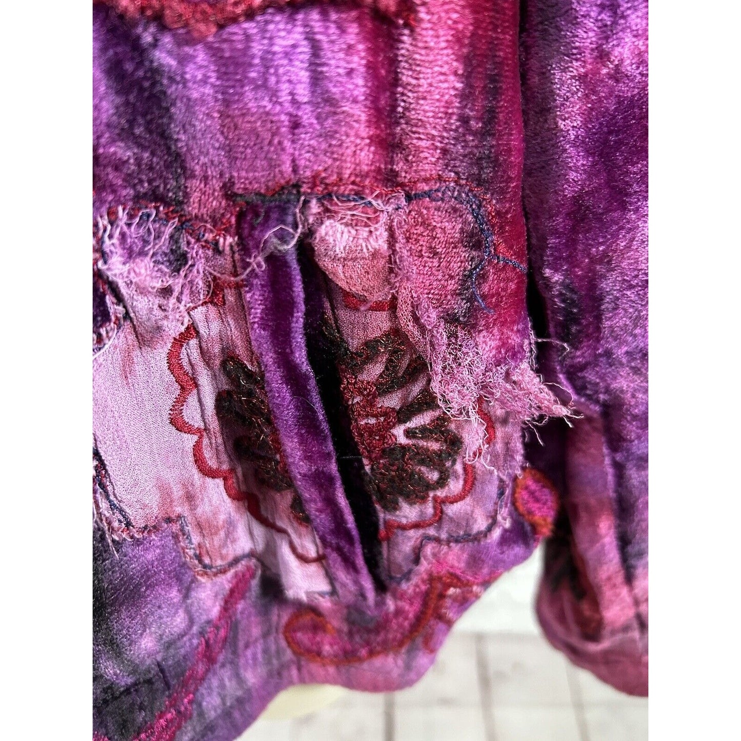 Chico’s Purple Red Embroidered Embellished Hippie Floral Full Zip Jacket Size M