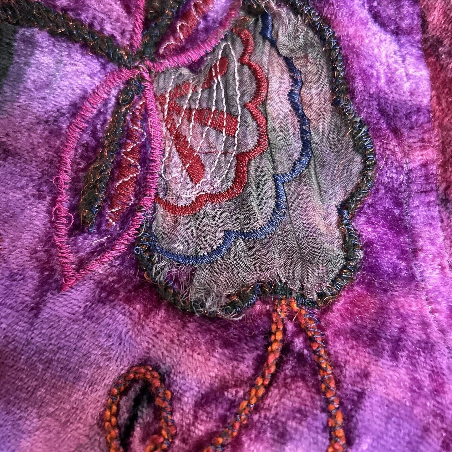Chico’s Purple Red Embroidered Embellished Hippie Floral Full Zip Jacket Size M