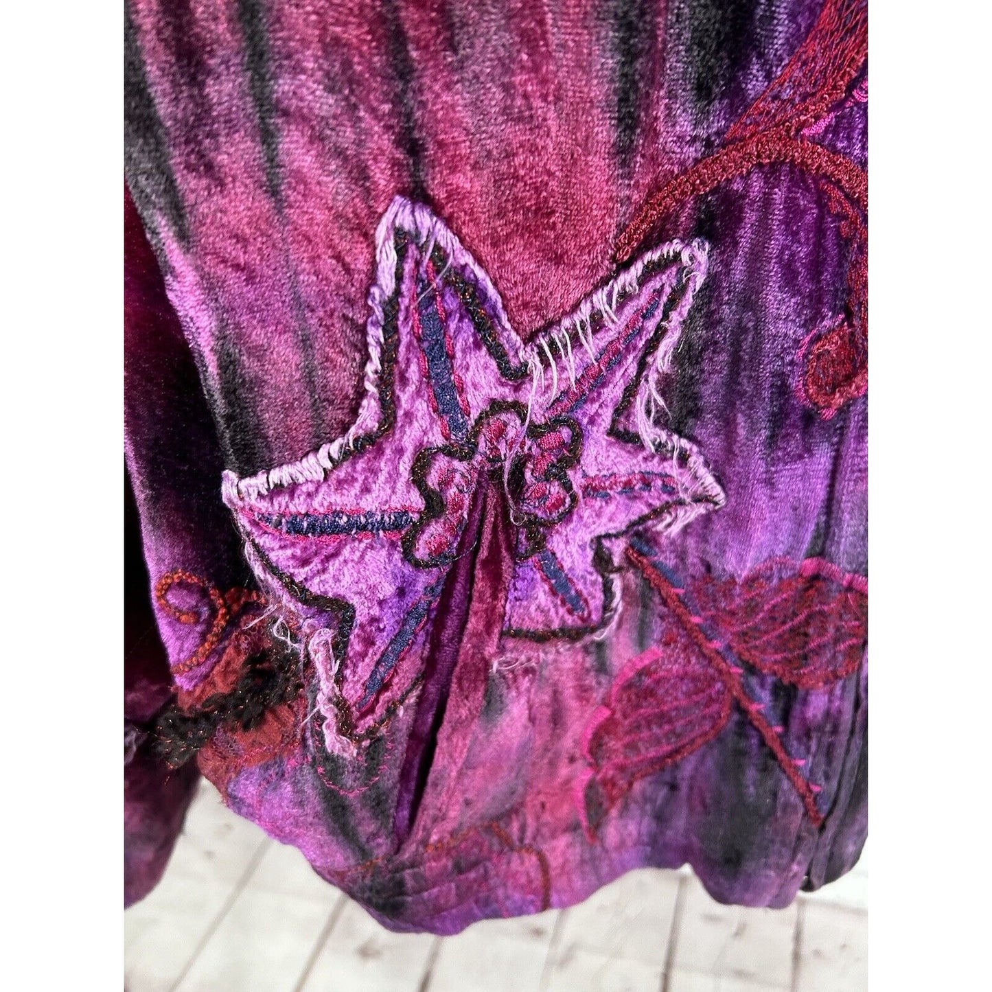 Chico’s Purple Red Embroidered Embellished Hippie Floral Full Zip Jacket Size M