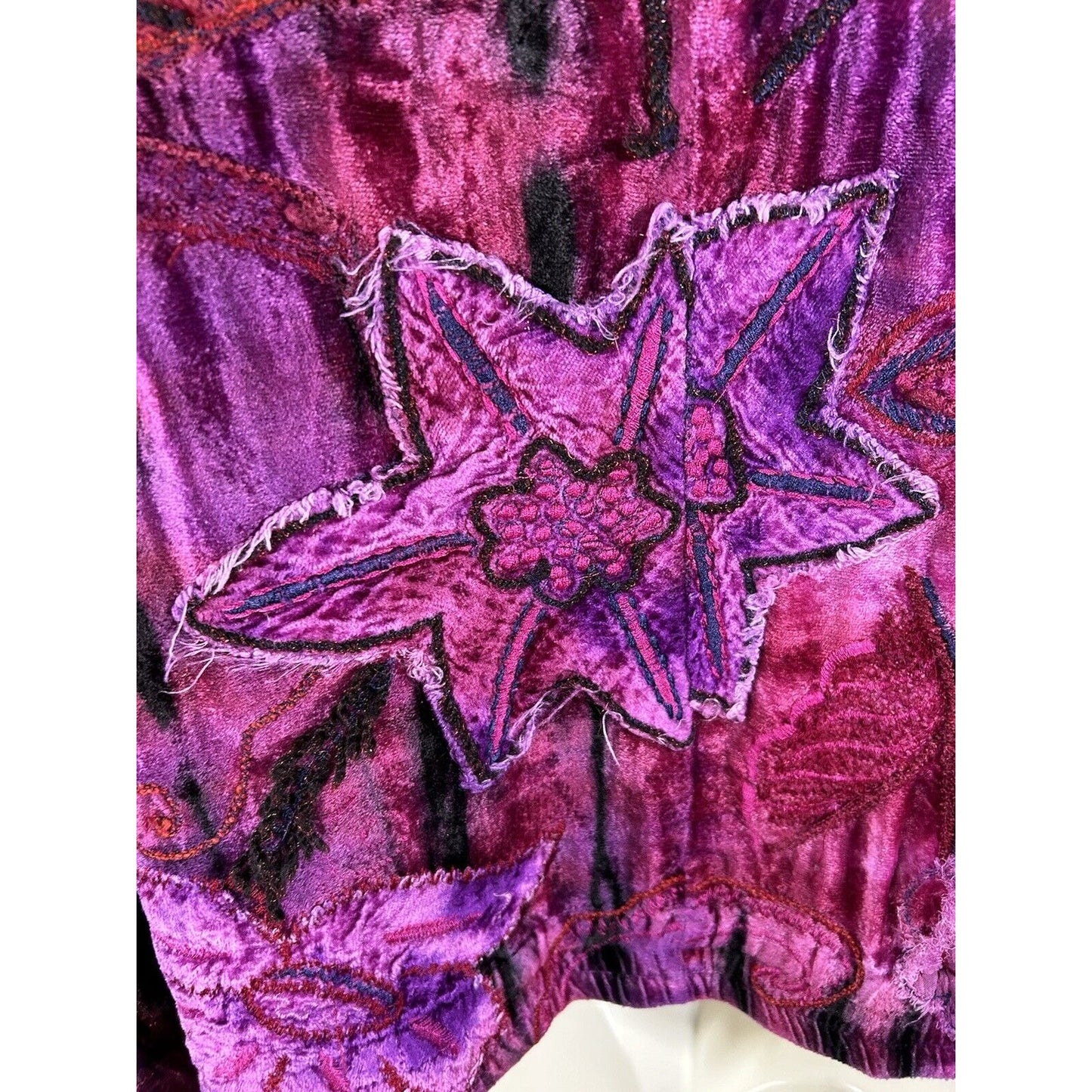 Chico’s Purple Red Embroidered Embellished Hippie Floral Full Zip Jacket Size M