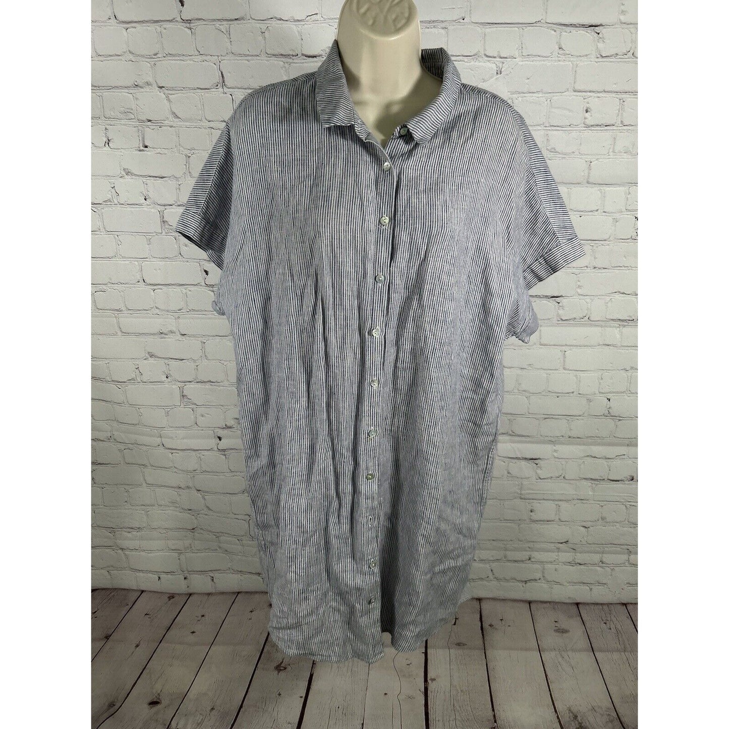 Artisan NY Blue White Striped 100% Linen Short Sleeve Button Up Shirt Dress L