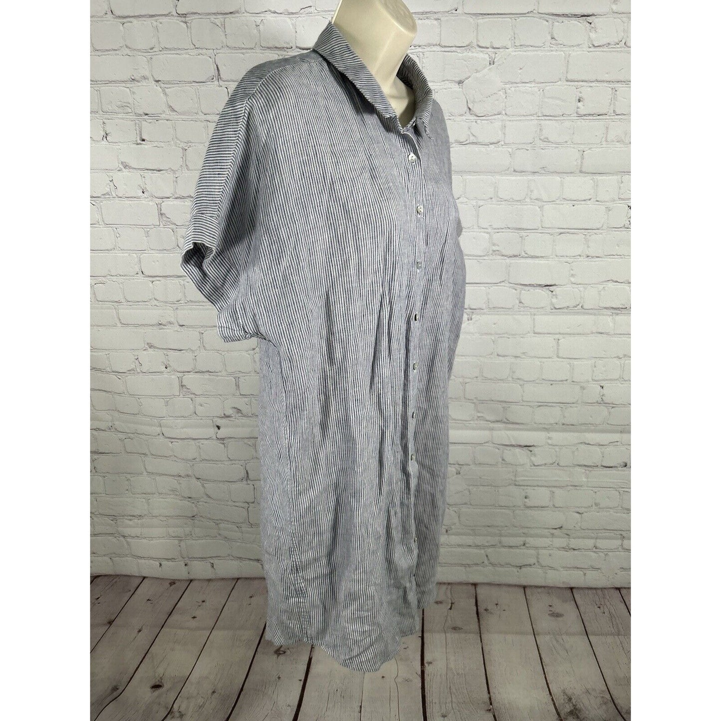 Artisan NY Blue White Striped 100% Linen Short Sleeve Button Up Shirt Dress L