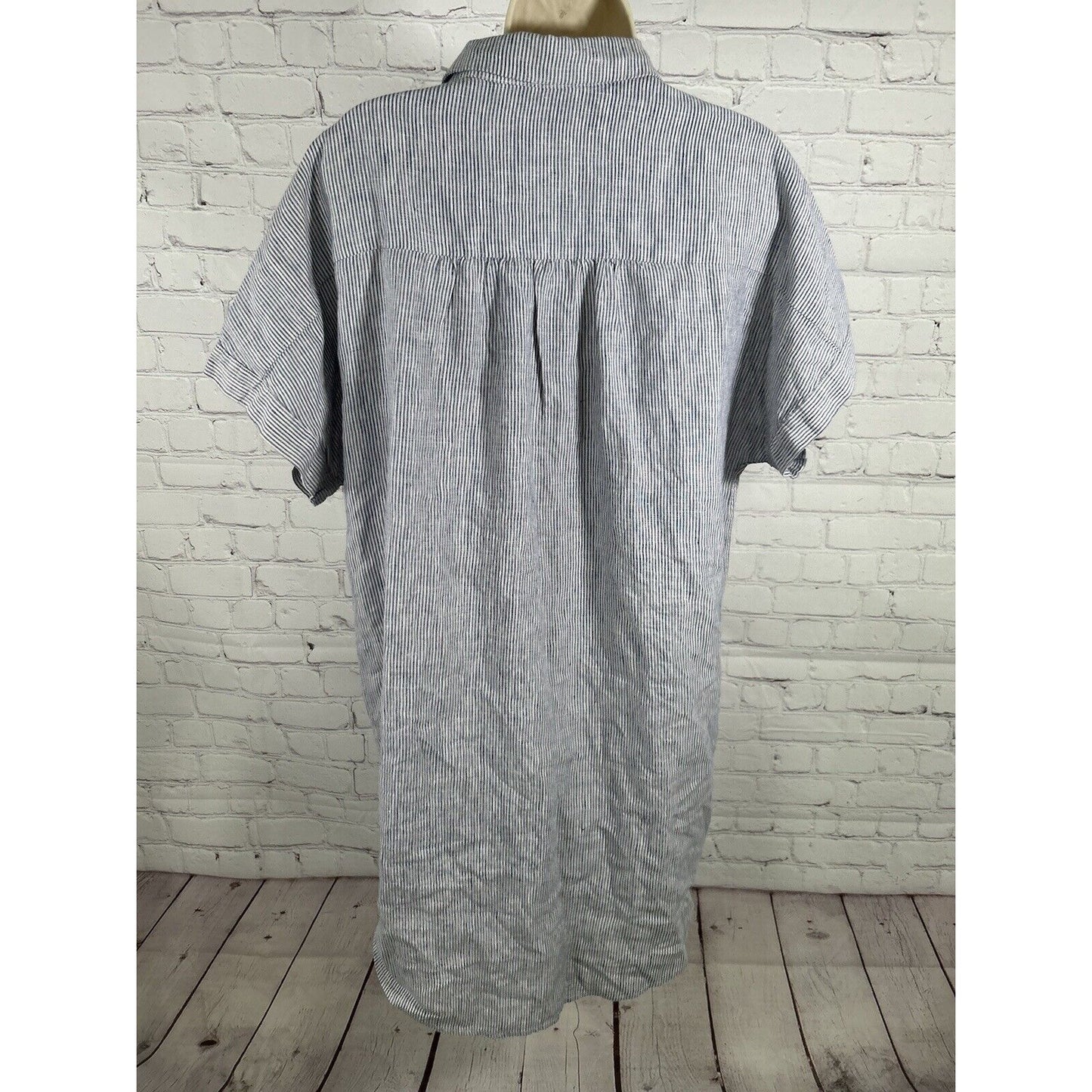 Artisan NY Blue White Striped 100% Linen Short Sleeve Button Up Shirt Dress L